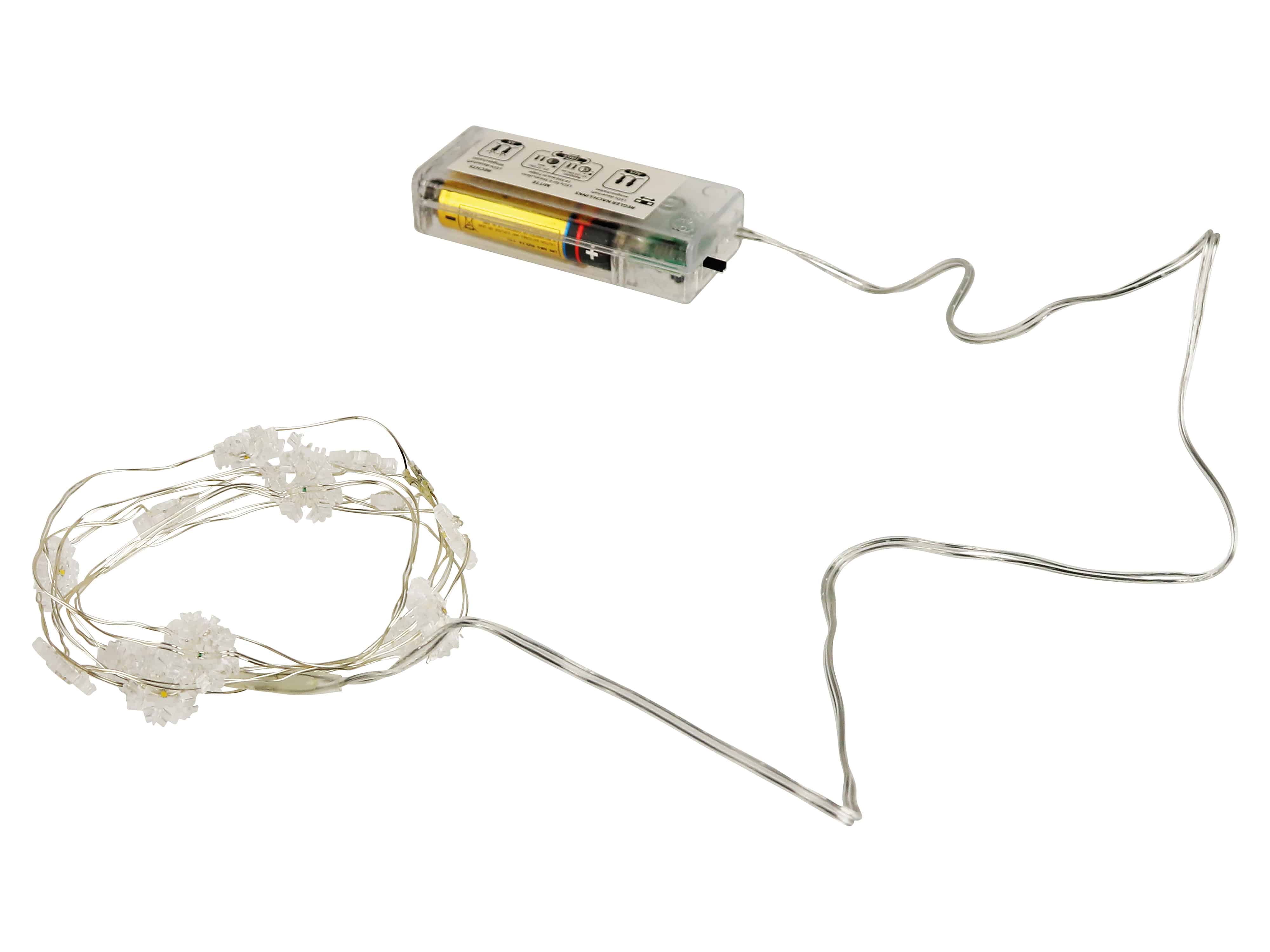 Micro-LED-Lichterkette, Schneeflocken, 3V, 15 LEDs, Silberdraht, warmweiß, 1,90m Micro-LED-Lichterkette, Schneeflocken, 3V, 15 LEDs, Silberdraht, warmweiß, 1,90m