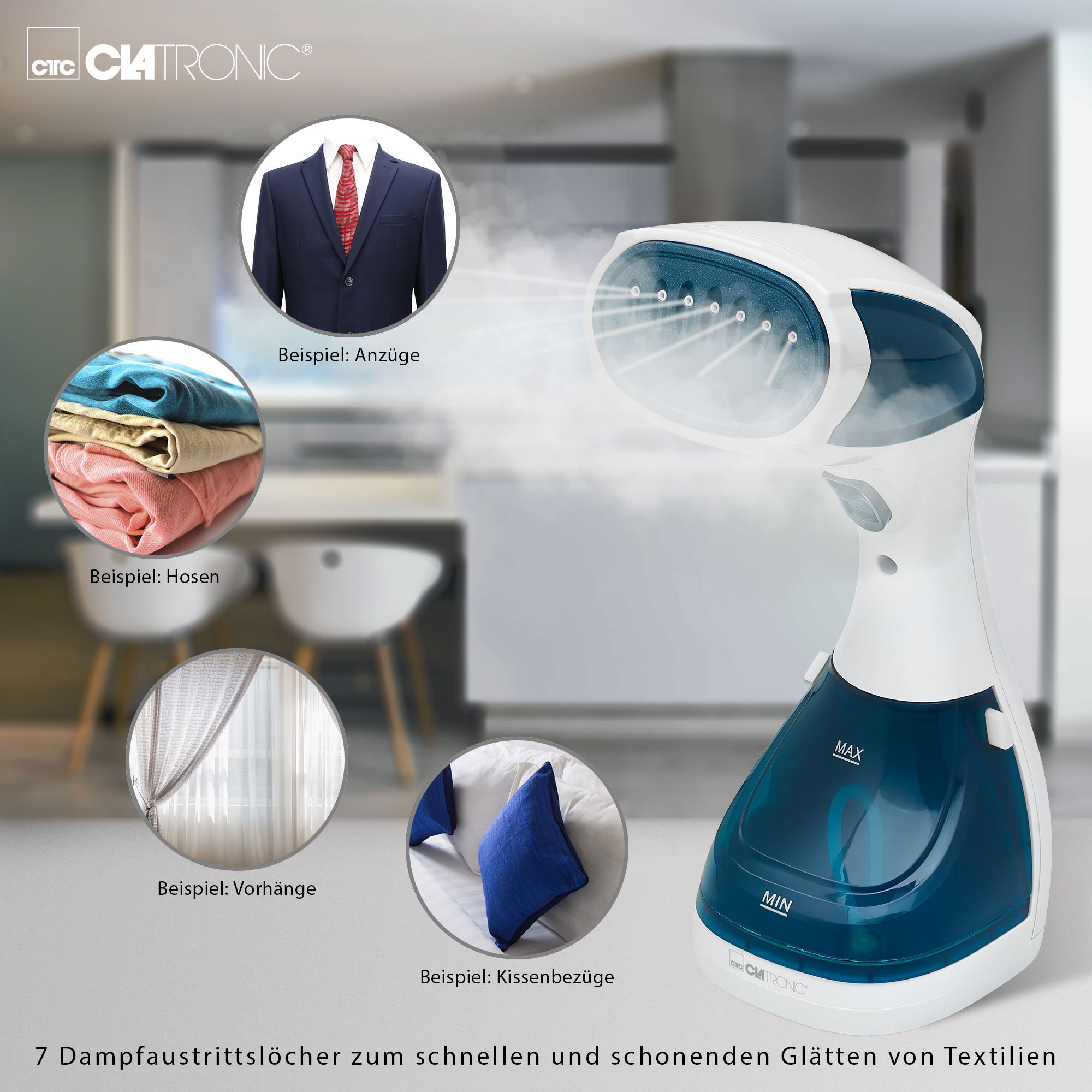 CLATRONIC Dampfglätter DB 3717, inkl. Bürsten- und Flusenaufsatz, 1100 W, weiß/blau CLATRONIC Dampfglätter DB 3717, inkl. Bürsten- und Flusenaufsatz, 1100 W, weiß/blau