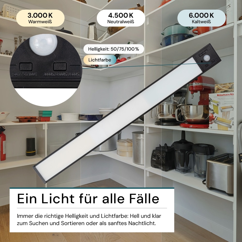 LUXULA LED-Schrankleuchte mit Bewegungsmelder, 3,3W, 120lm, CCT, IP20, schwarz, 40cm LUXULA LED-Schrankleuchte mit Bewegungsmelder, 3,3W, 1250lm, CCT, IP20, schwarz, 40cm