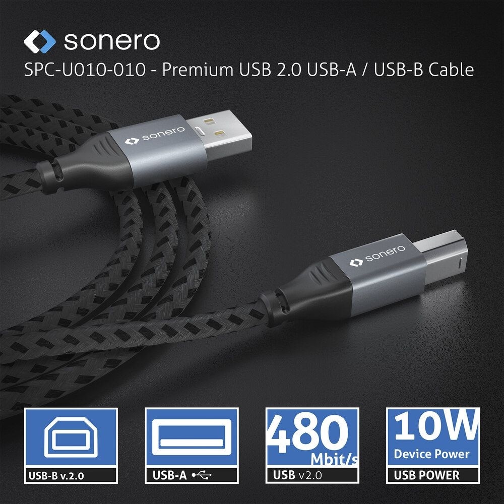 SONERO USB 2.0 Kabel SPC-U010-005 A/B 0,5m grau-schwarz SONERO USB 2.0 Kabel SPC-U010-005 A/B 0,5m grau-schwarz