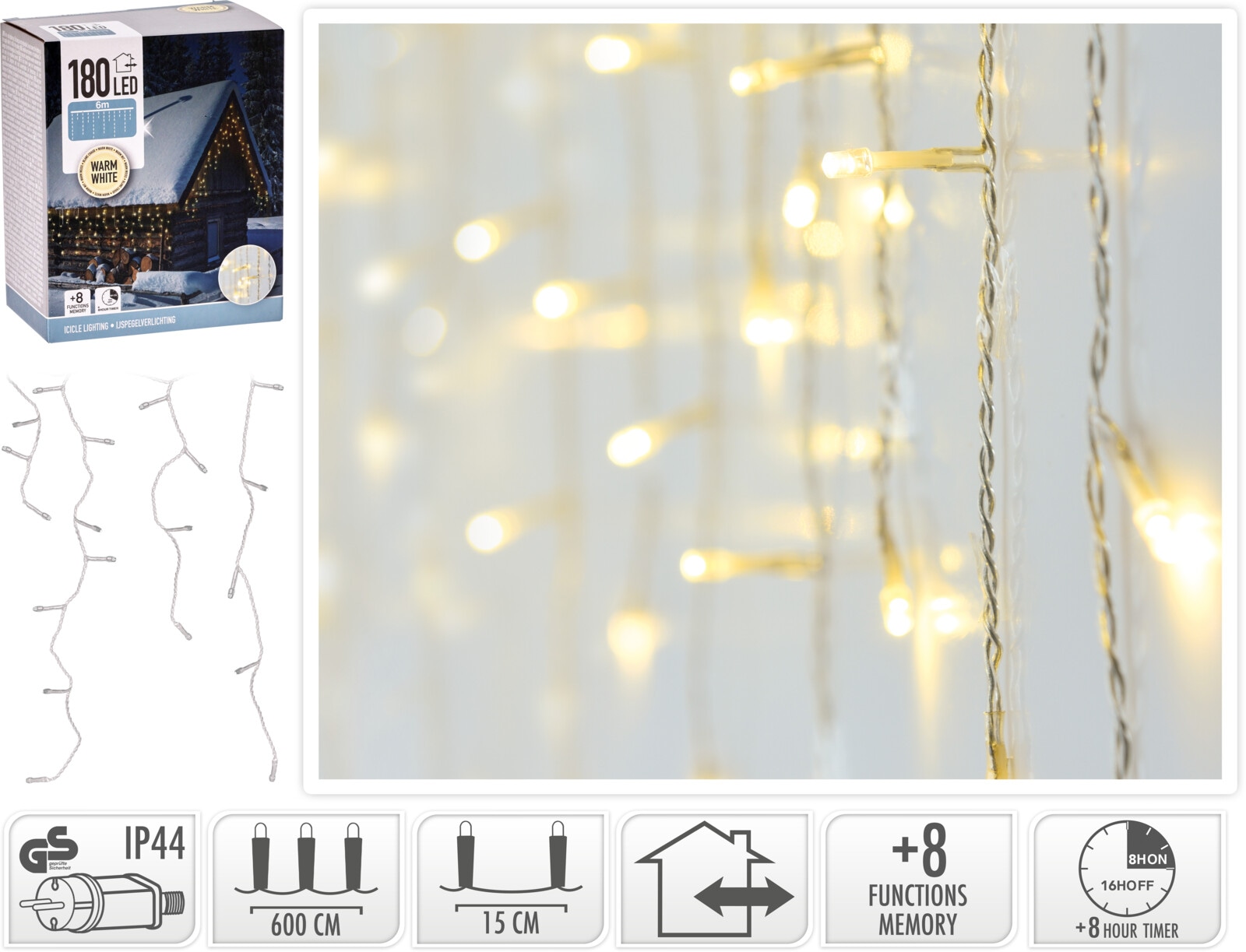 LED-Lichtervorhang warmweiß, 180 LEDs, transparentes Kabel, Innen/Außen, 9m KOOPMAN LED-Lichtervorhang warmweiß, 180 LEDs, transparentes Kabel, Innen/Außen, 9m