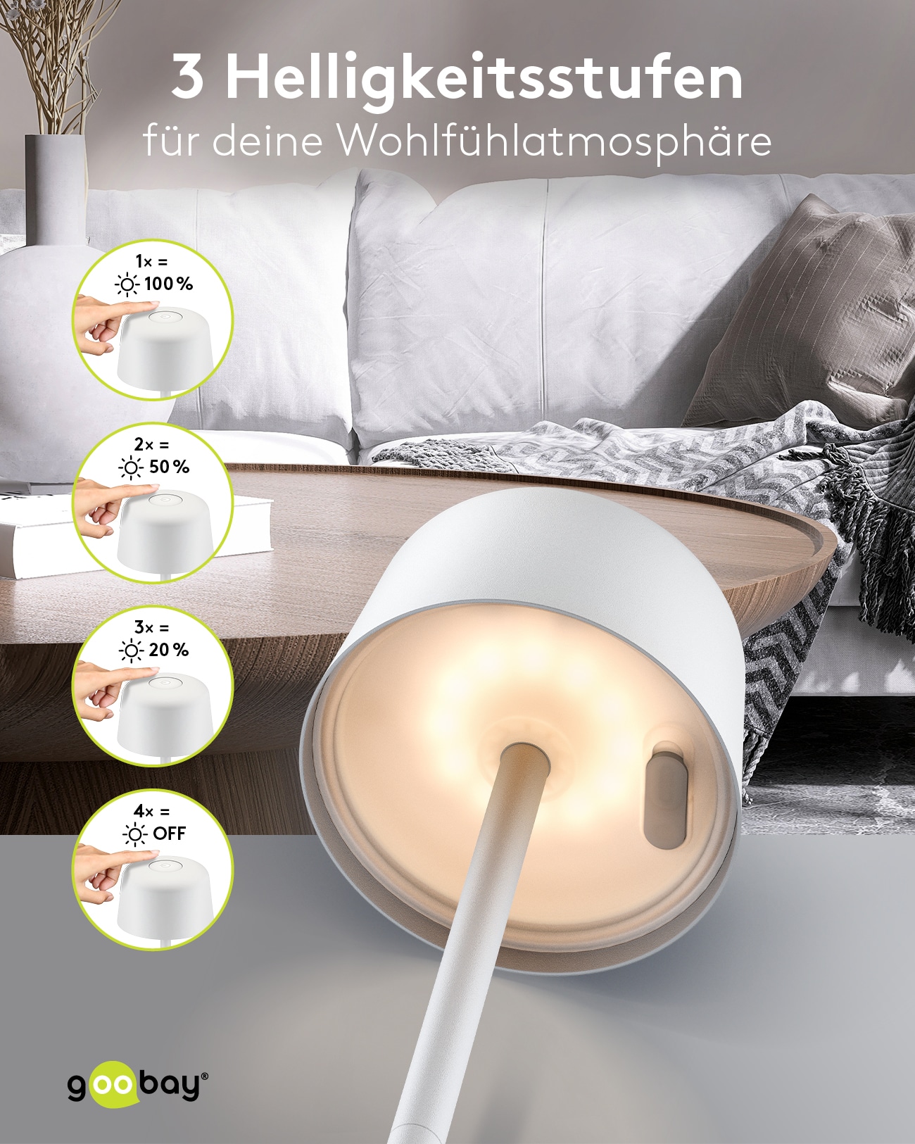 GOOBAY LED-Tischleuchte 77676, 2W, 3000 K, 150 lm, warmweiß, IP44, weiß