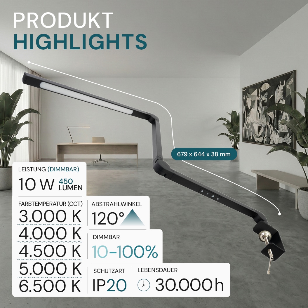 LUXULA LED-Schreibtischleuchte mit Clip, 10 W, CCT, EEK: F, 450 lm, IP20, schwarz LUXULA LED-Schreibtischleuchte mit Clip, 10 W, CCT, EEK: F, 450 lm, IP20, schwarz