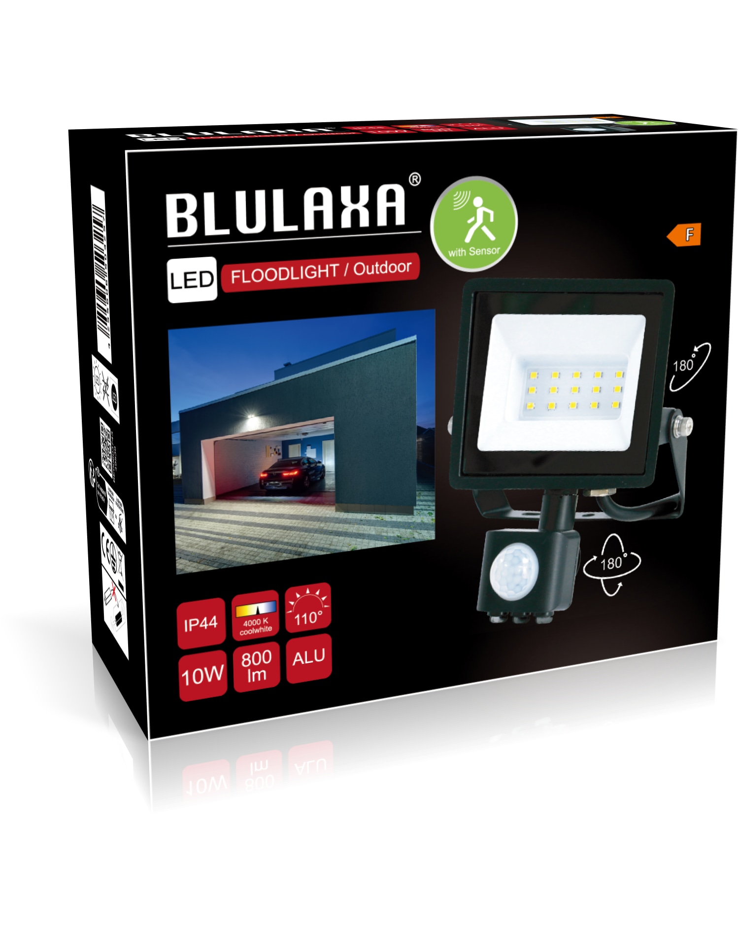 BLULAXA LED-Fluter mit Bewegungsmelder, EEK: F, 10W, 800lm, 4000K, schwarz
