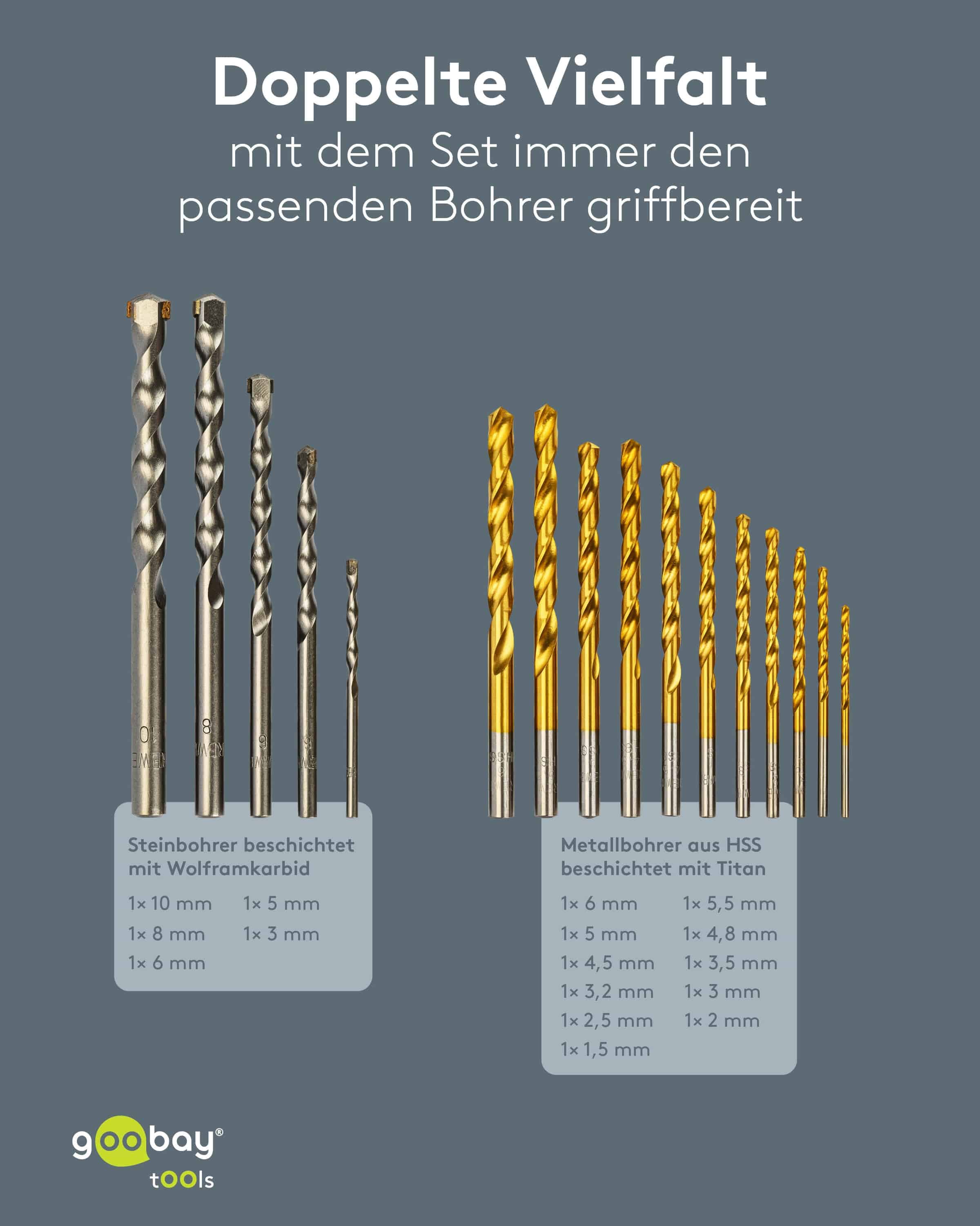 GOOBAY TOOLS Metall- & Steinbohrer-Set, 77848, 1,5-10 mm, 17-teilig GOOBAY TOOLS Metall- & Steinbohrer-Set, 77848, 1,5-10 mm, 17-teilig