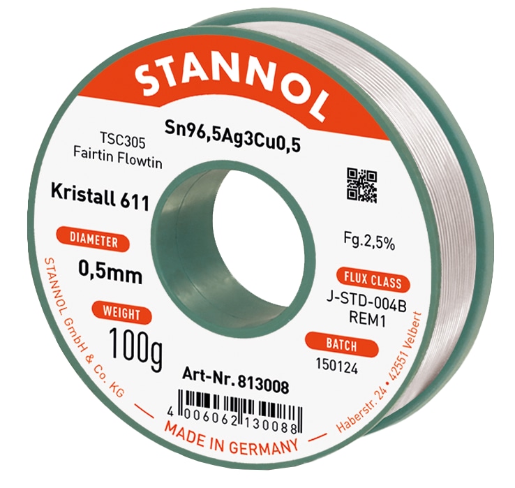 STANNOL Lötzinn Kristall 611, TSC305, Sn96,5Ag3,0Cu0,5, Fairtin Flowtin, 0,5 mm, 100 g STANNOL Lötzinn Kristall 611, TSC305, Sn96,5Ag3,0Cu0,5, Fairtin Flowtin, 0,5 mm, 100 g