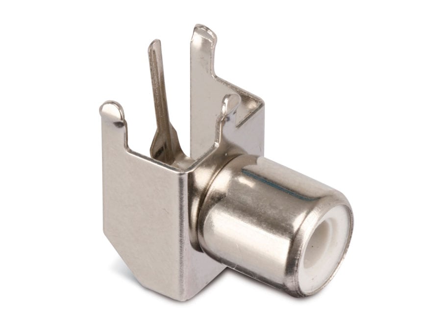 Chinch-Einbaubuchse, 1-fach, 90°, weiß, 11x12x16 mm Chinch-Einbaubuchse, 1-fach, 90°, weiß, 11x12x16 mm
