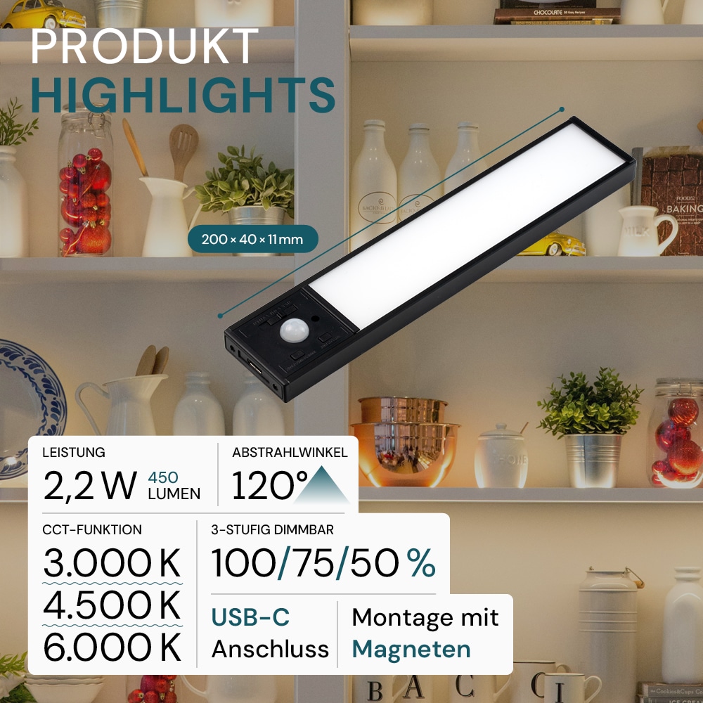 LUXULA LED-Schrankleuchte mit Bewegungsmelder, 2,2W, 70lm, CCT, IP20, schwarz, 20cm LUXULA LED-Schrankleuchte mit Bewegungsmelder, 2,2W, 450lm, CCT, IP20, schwarz, 20cm