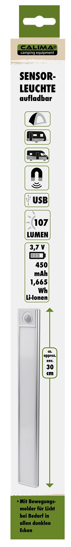CALIMA CAMPING EQUIPMENT Sensorleuchte, 46082, Unterbau, aufladbar, 30 cm CALIMA CAMPING EQUIPMENT Sensorleuchte, 46082, Unterbau, aufladbar, 30 cm
