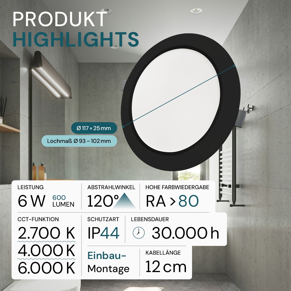 LUXULA LED-Einbauleuchte, 6W, EEK: F, 600lm, CCT, IP44, schwarz LUXULA LED-Einbauleuchte, 6W, EEK: F, 600lm, CCT, IP44, schwarz