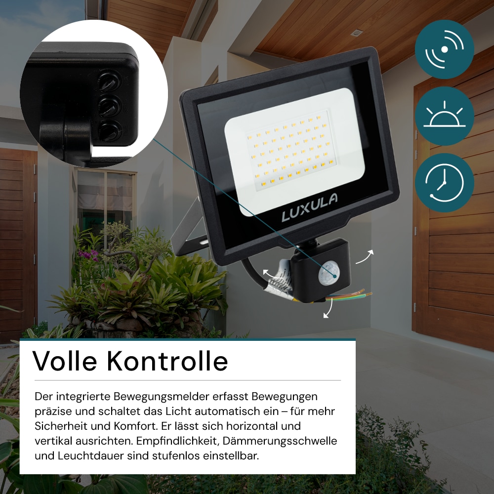 LUXULA LED-Fluter mit Bewegungsmelder, EEK: F, 50W, 5000lm, 3000K, schwarz