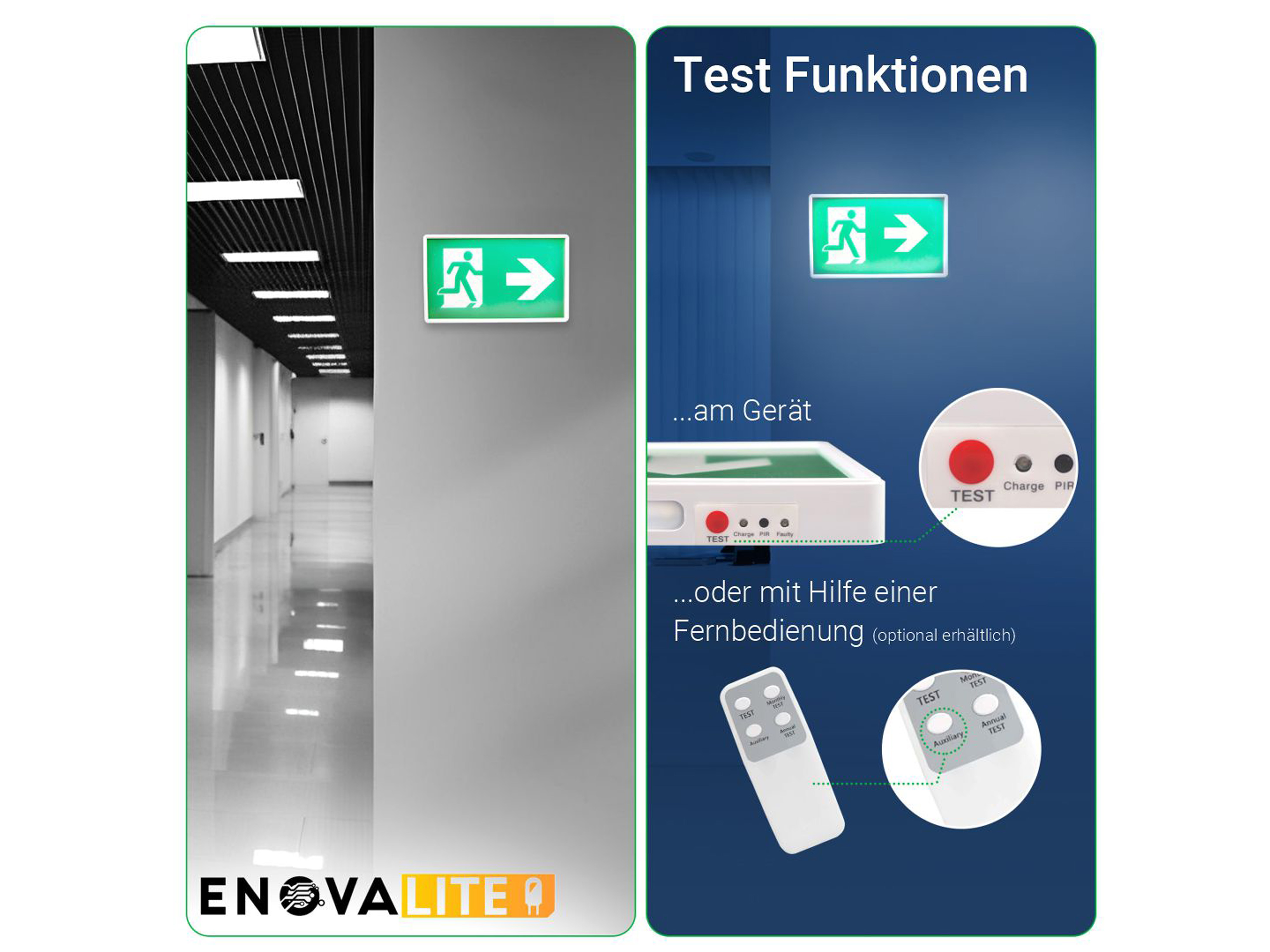 ENOVALITE LED-Fluchtwegleuchte, 200101, inkl. Notstromeinheit, TEST-Funktion