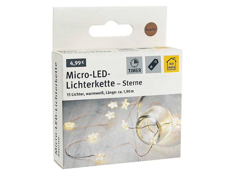 Micro-LED-Lichterkette, Sterne, 3 V, 15 LEDs, warmweiß, 1,90 m Micro-LED-Lichterkette, Sterne, 3 V, 15 LEDs, bronzedraht, warmweiß, 1,90 m