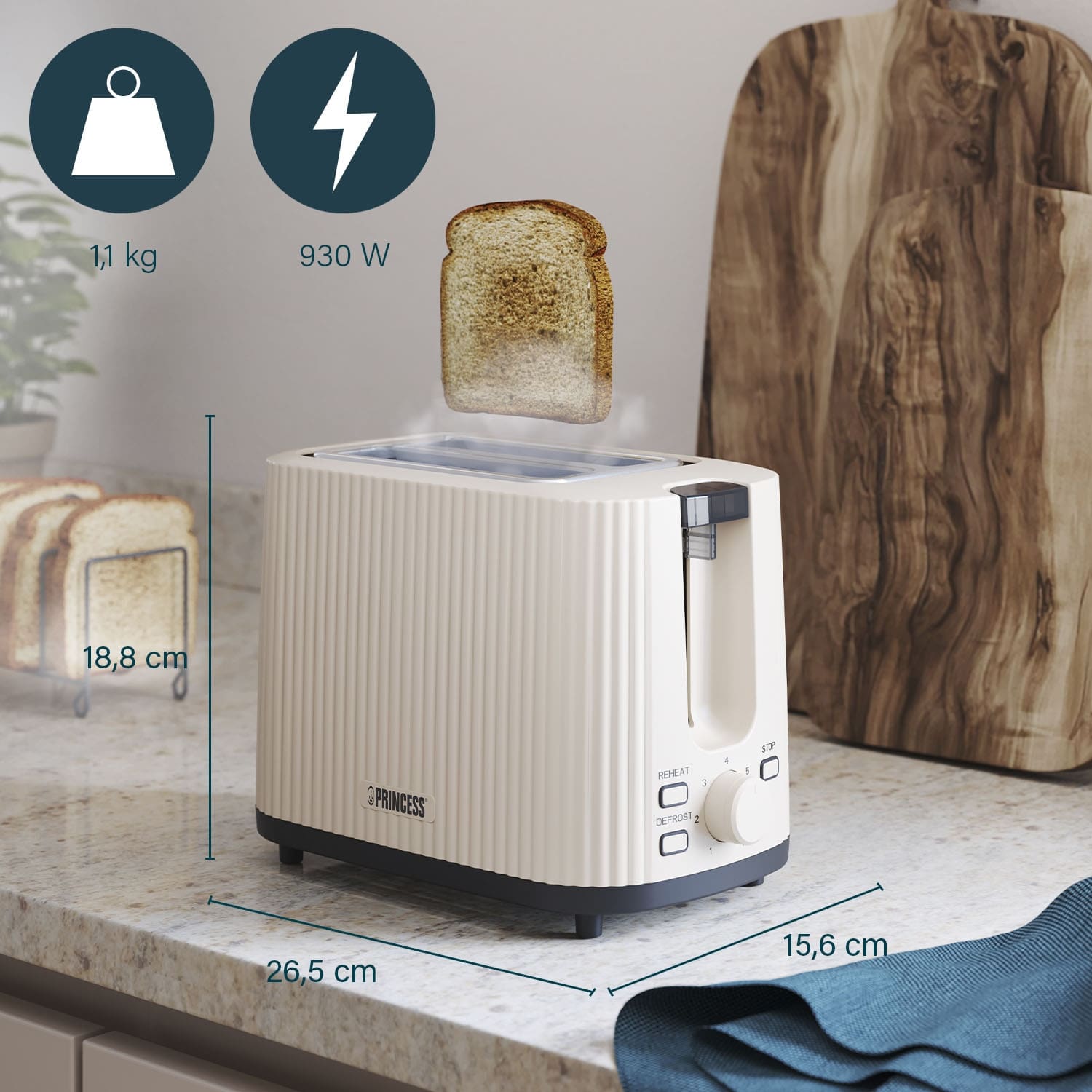 PRINCESS Toaster Wave, 2-Scheiben, 7 Stufen, automatische Abschaltung, 930W, beige PRINCESS Toaster Wave, 2-Scheiben, 7 Stufen, automatische Abschaltung, 930W, beige