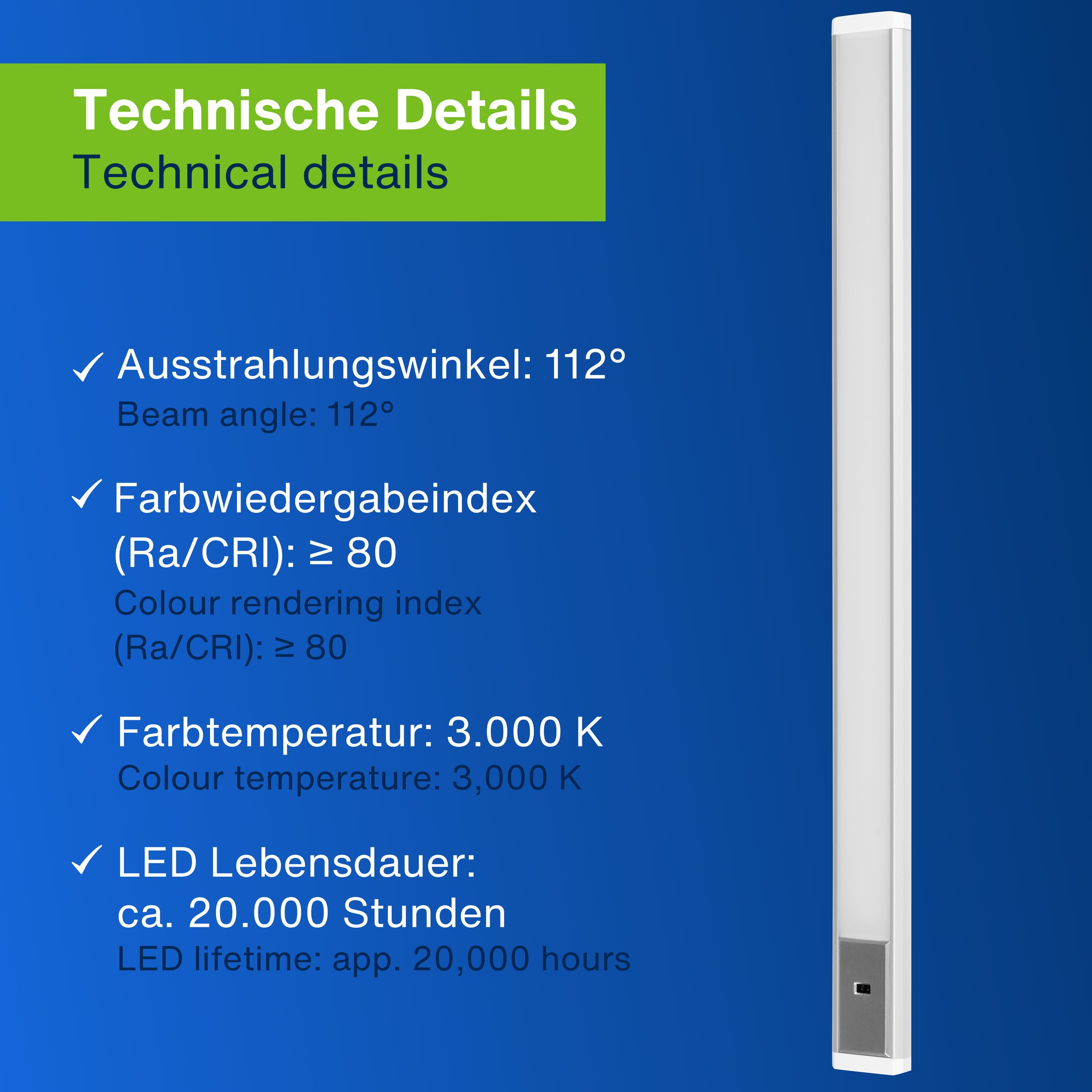 REV LED-Unterbauleuchte Alu, 10W, 3000K, 850lm, warmweiß, IP20, 90 cm