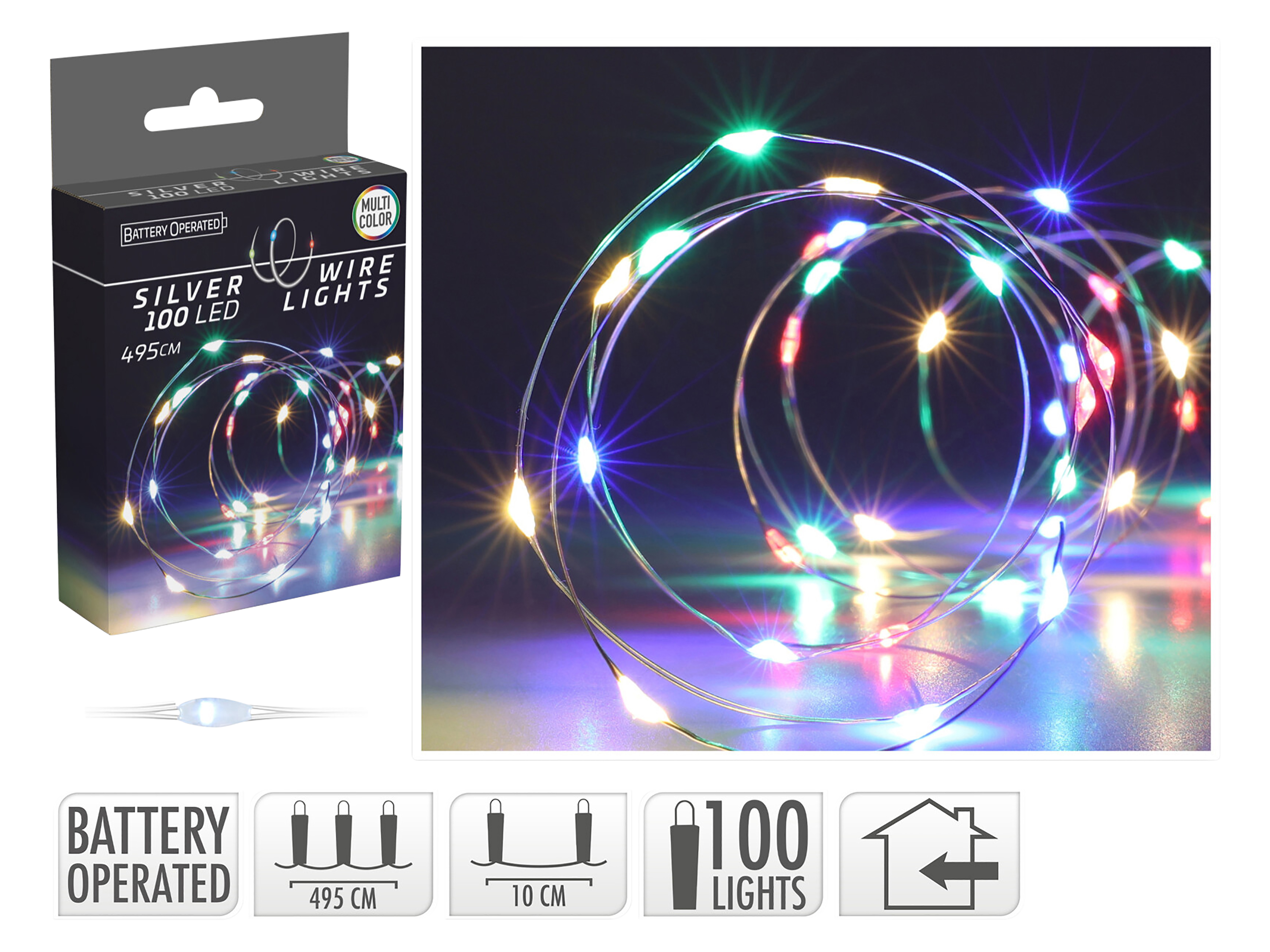 LED-Lichterkette, Silberdraht, 100 LEDs, bunt, Batteriebetrieb LED-Lichterkette, Silberdraht, 100 LEDs, bunt