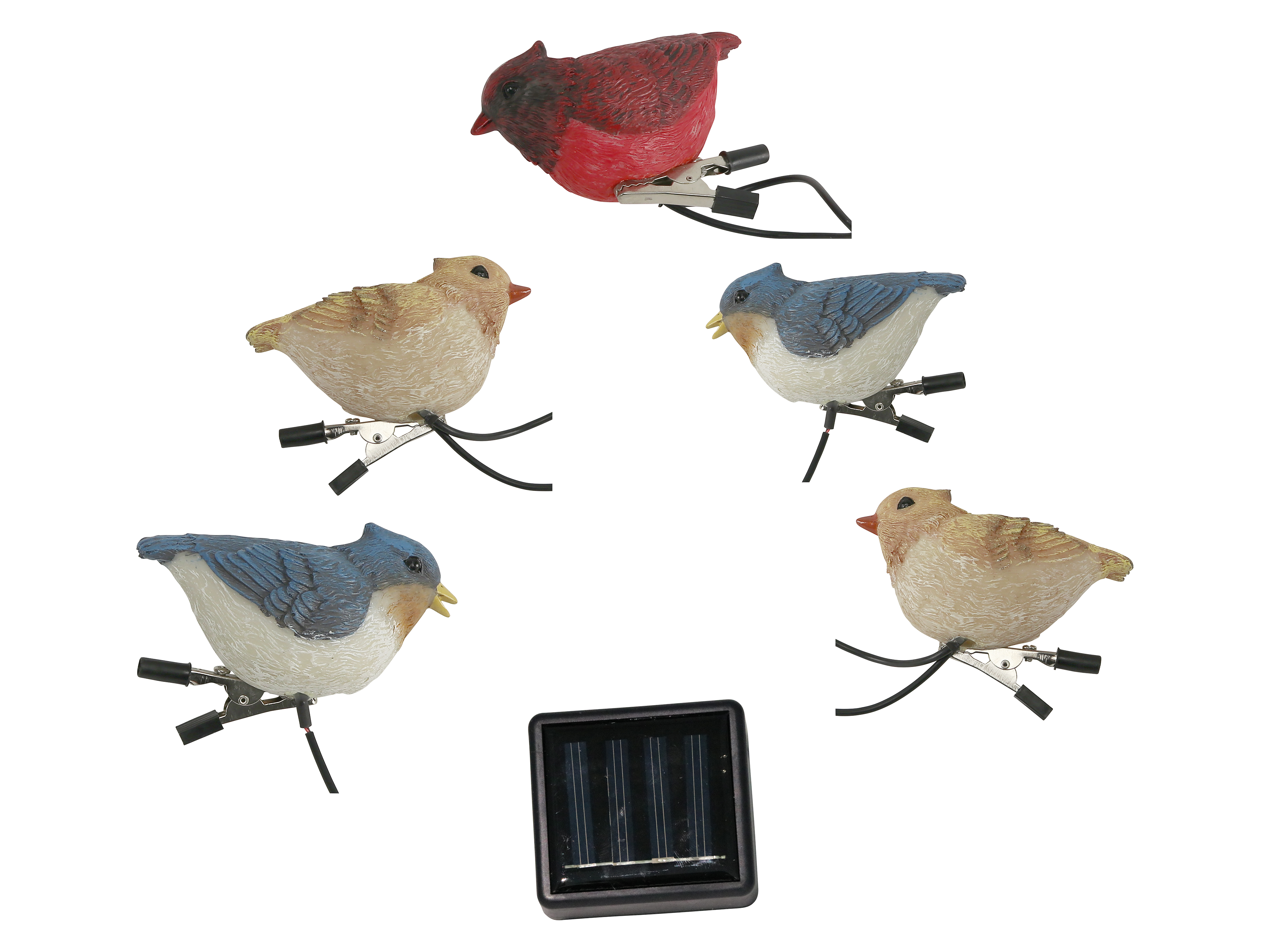 Solar-LED-Dekobeleuchtung, 5 LED-Vögel mit Klemme