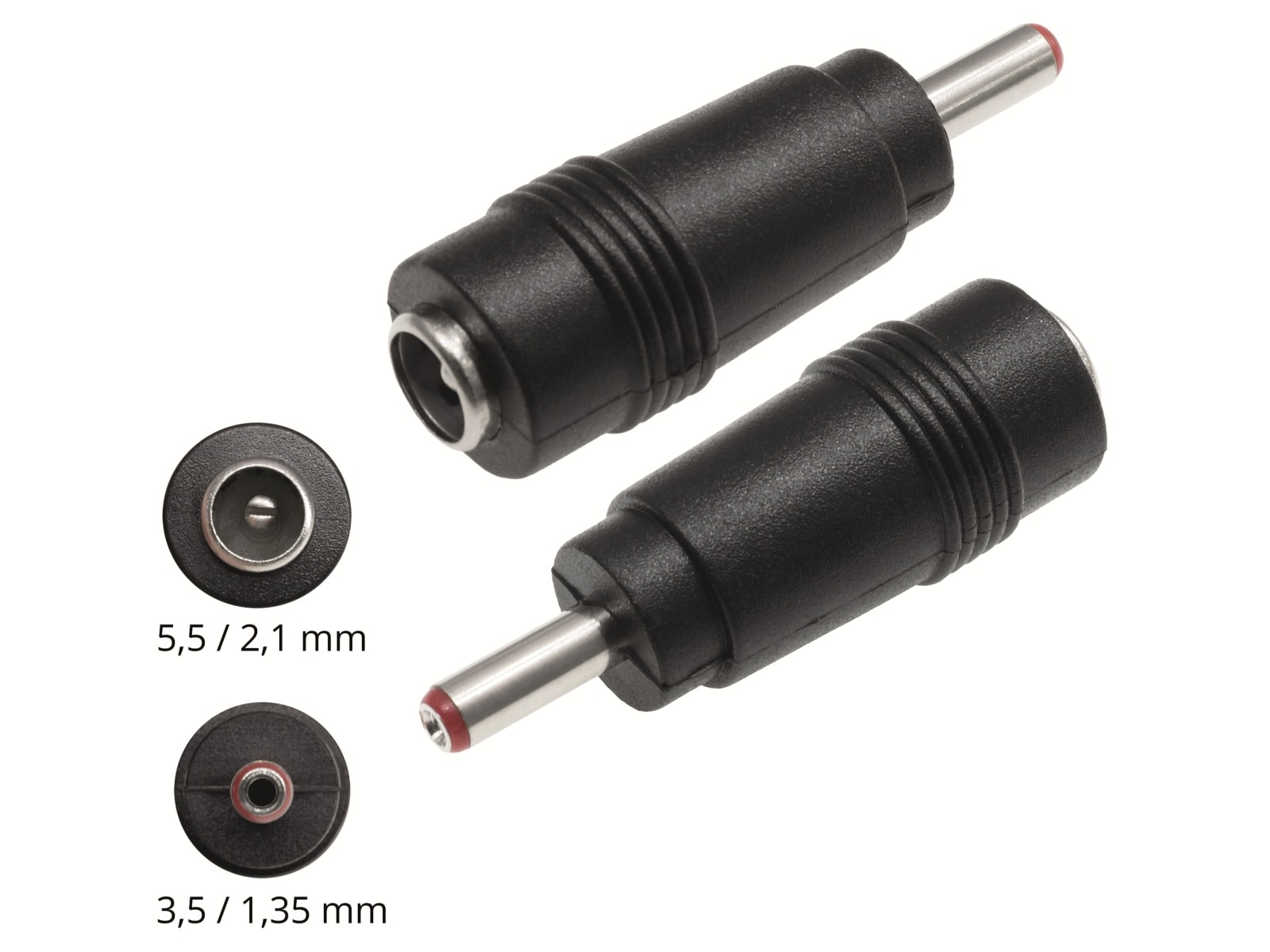 Hohlsteckeradapter, 5,5/2,1 Hohlkupplung auf 3,5/1,35 Hohlstecker Hohlsteckeradapter, 5,5/2,1 Hohlkupplung auf 3,5/1,35 Hohlstecker
