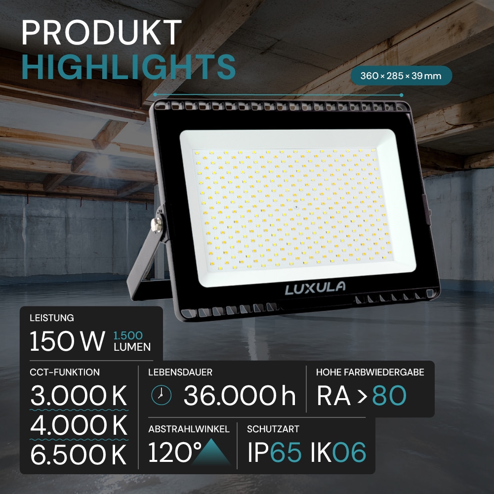 LUXULA LED-Fluter, EEK: F, 150W, 15000lm, CCT, schwarz