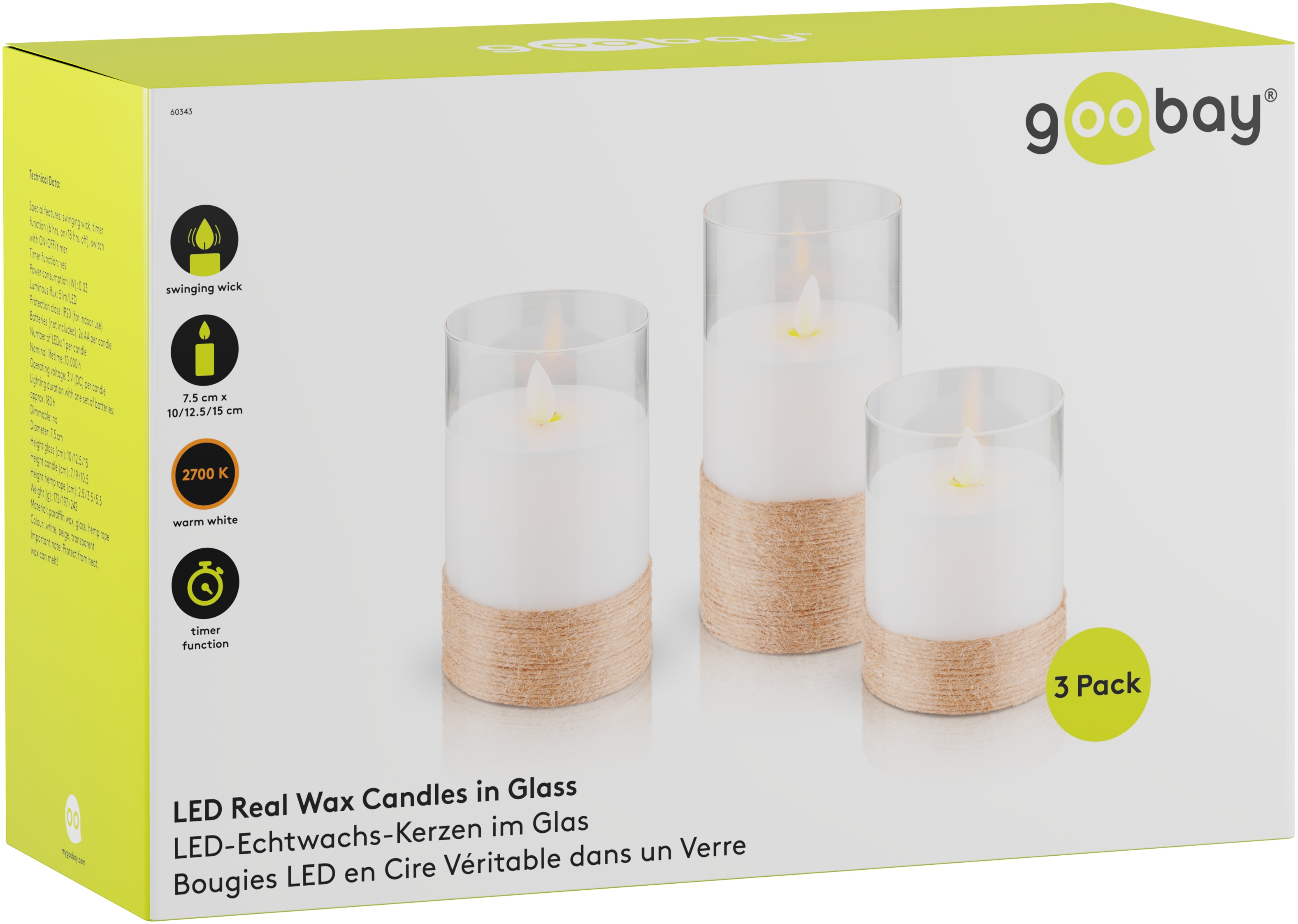 GOOBAY LED-Echtwachskerzen, Glas, Timerfunktion, 3 Stück, warmweiß, mit Hanfschnur umwickelt