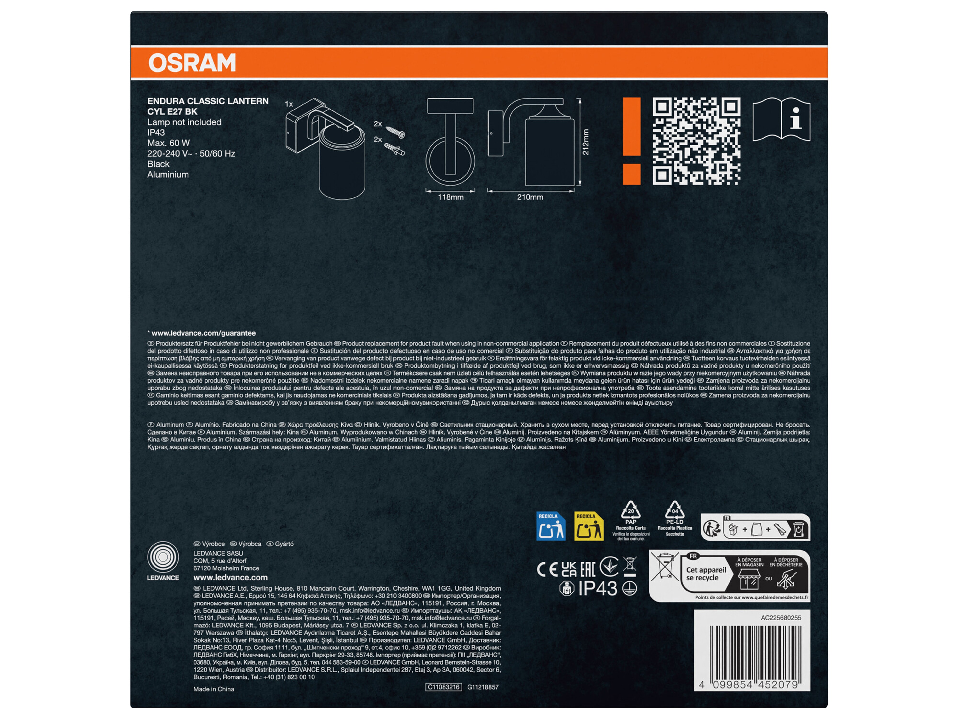OSRAM LED-Außenwandleuchte, Endura Classic Lantern Cylinder, E27, IP43, schwarz OSRAM LED-Außenwandleuchte, Endura Classic Lantern Cylinder, E27, IP43, schwarz