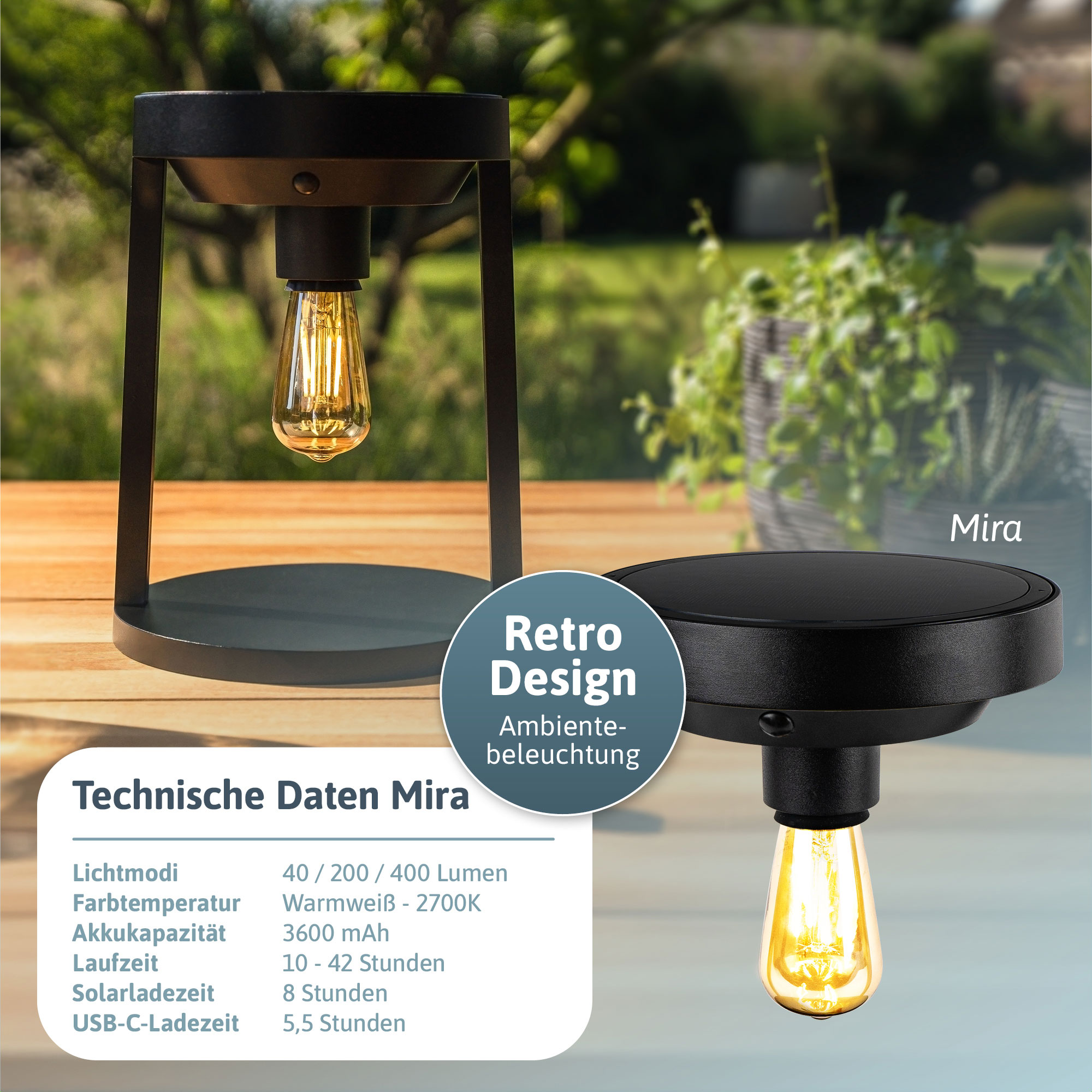 BRENDZ Solar LED-Tischleuchte, Mira & Ara, 40/200/400 lm, 2700 K, IP54