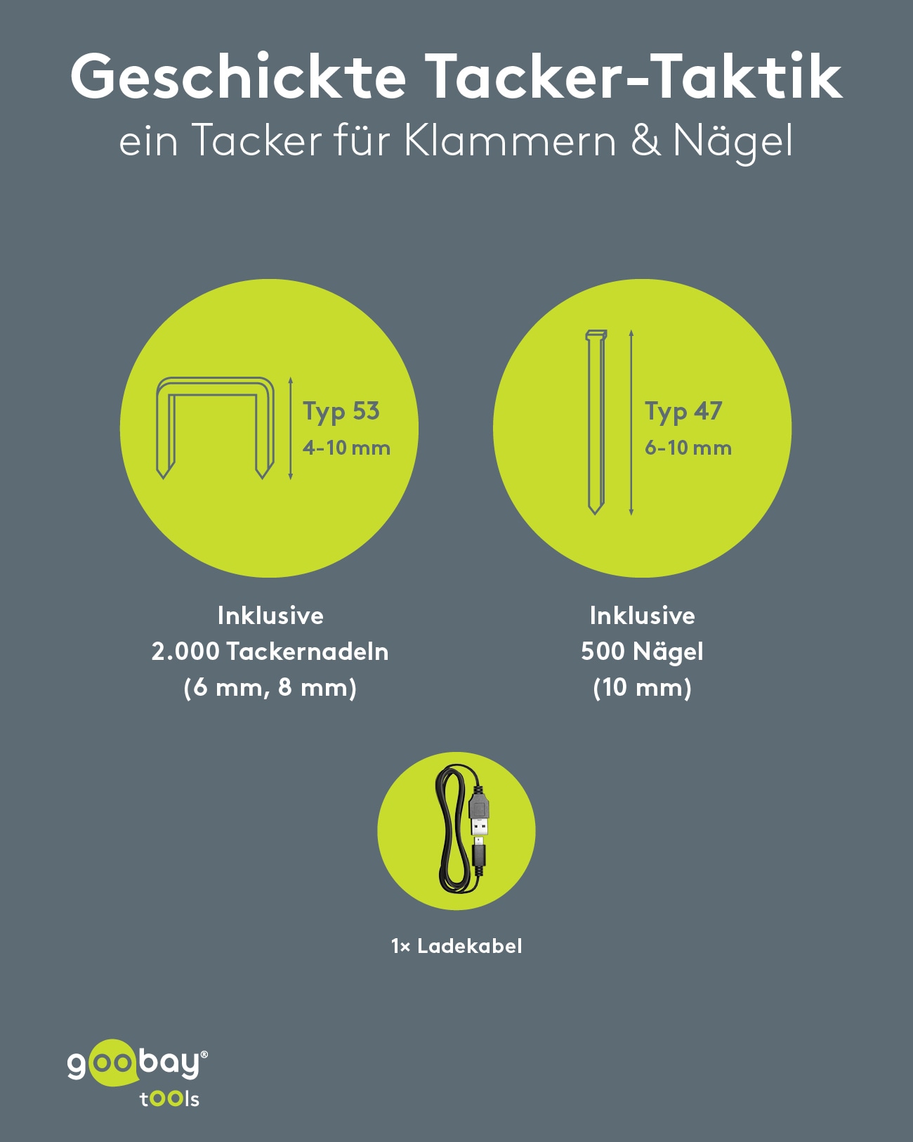 GOOBAY TOOLS 2in1 Akku-Tacker, 77819, mit 2.000 Tackernadeln und 500 Nägeln GOOBAY TOOLS 2in1 Akku-Tacker, 77819, mit 2.000 Tackernadeln und 500 Nägeln