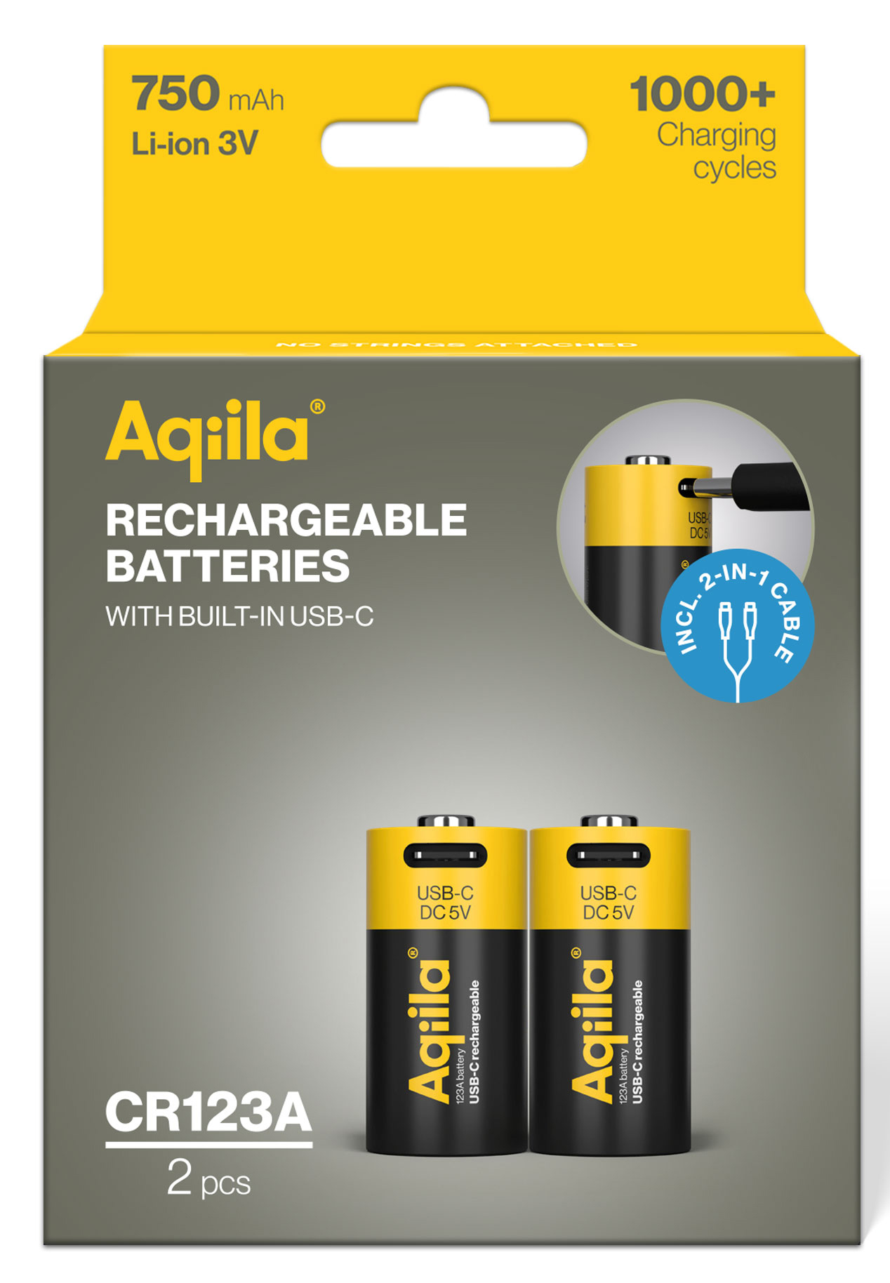 AQIILA Li-lon-Akku, CR123A, USB-C, 3 V, 2er Pack Li-lon-Akku AQILLA, CR123A, USB-C, 3 V, 2er Pack