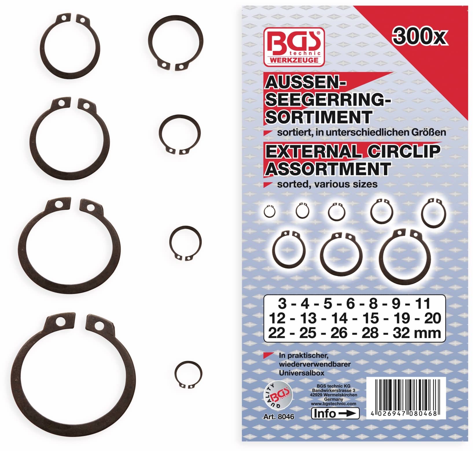 BGS TECHNIC Außen-Seegering-Set, 8046, Ø3...32 mm, 300-tlg BGS TECHNIC Außen-Seegering-Set, 8046, Ø3...32 mm, 300-tlg