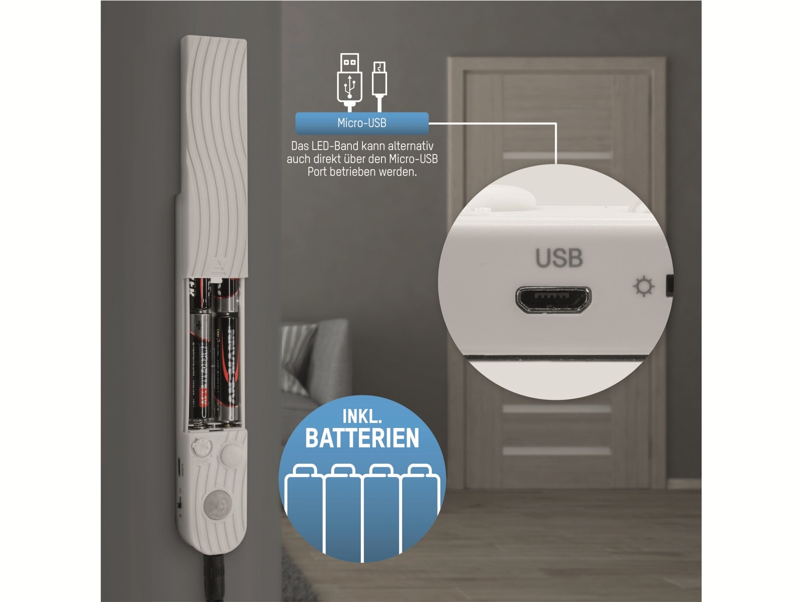 ANSMANN LED-Band 60 LEDs, Bewegungs-/Dämmerungssensor, inklusive 4 Micro-Batterien ANSMANN LED-Band 60 LEDs, Bewegungs-/Dämmerungssensor, inklusive 4 Micro-Batterien