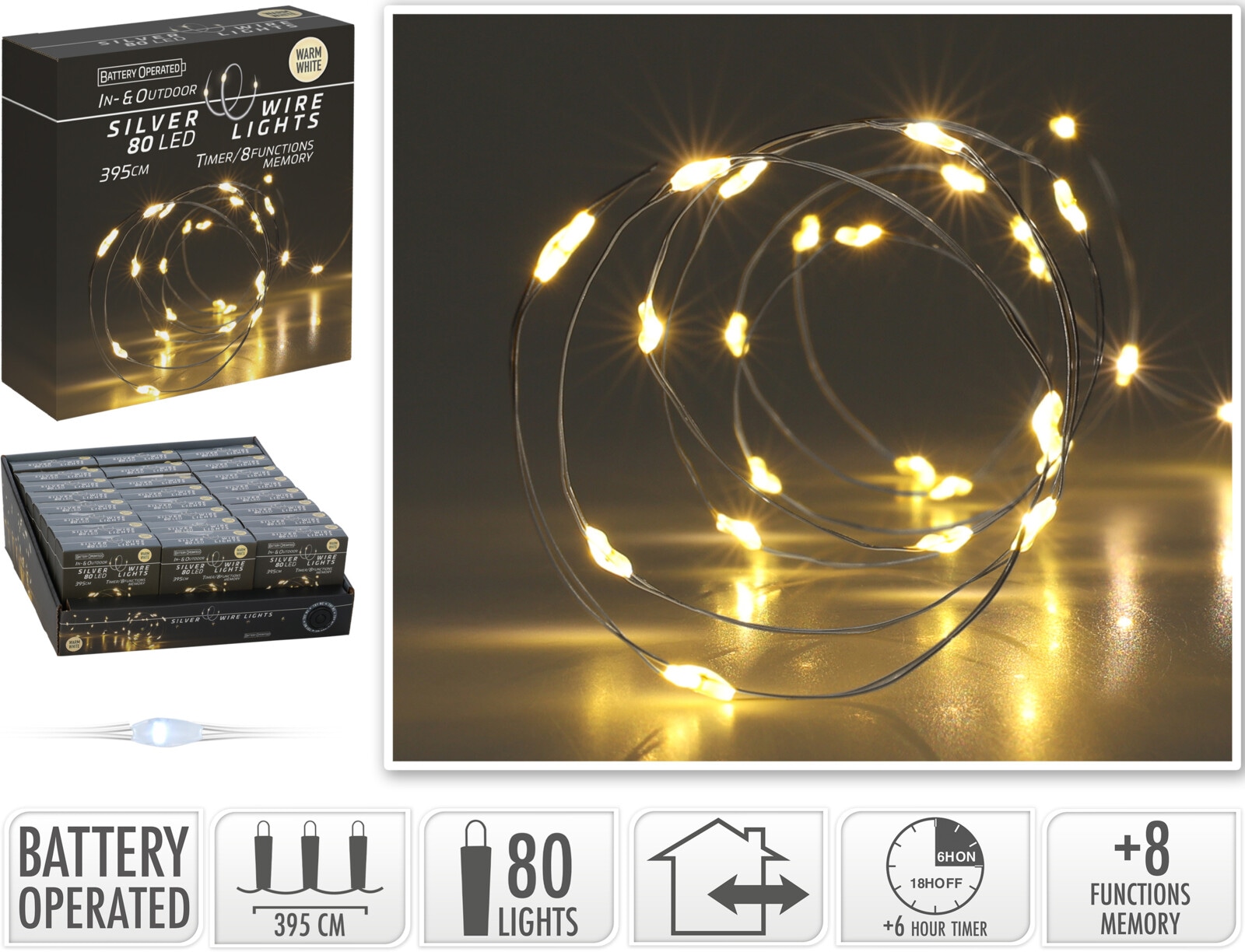 LED-Lichterkette warmweiß, Batteriebetrieben, 80 LEDs, Silberdraht, Innen/Außen, 3,95m KOOPMAN LED-Lichterkette warmweiß, Batteriebetrieben, 80 LEDs, Silberdraht, Innen/Außen, 3,95m