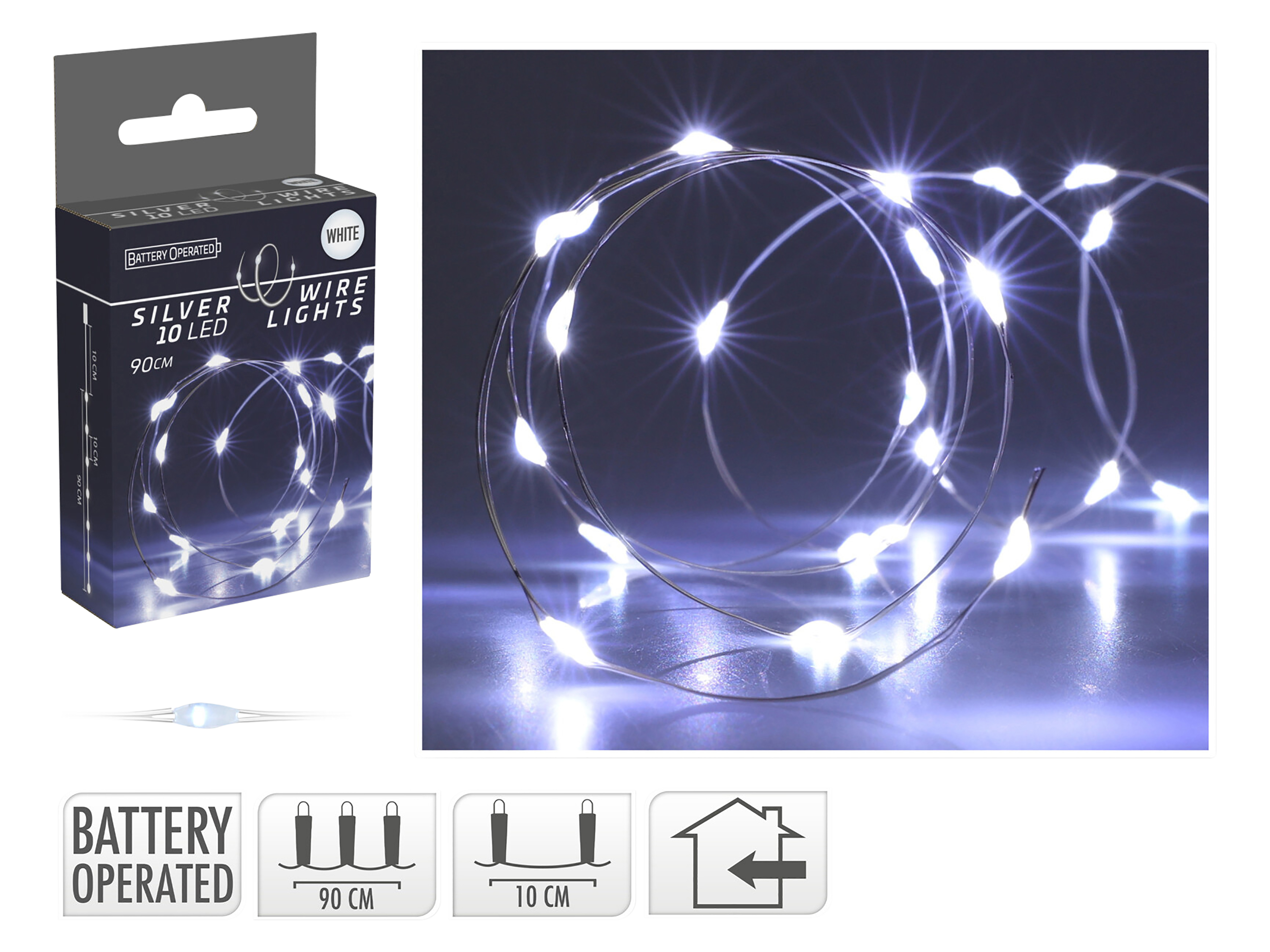 LED-Lichterkette, Silberdraht, 10 LEDs, kaltweiß, Batteriebetrieb, inkl. Batterien LED-Lichterkette, Silberdraht, 10 LEDs, kaltweiß, Batteriebetrieb