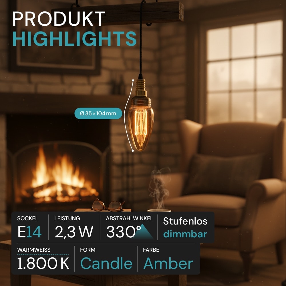 LUXULA LED-Filament-Lampe,, Vintage Kerze, E14, 2,3W, 65lm, 1800K LUXULA LED-Filament-Lampe,, Vintage Kerze, E14, 2,3W, 65lm, 1800K
