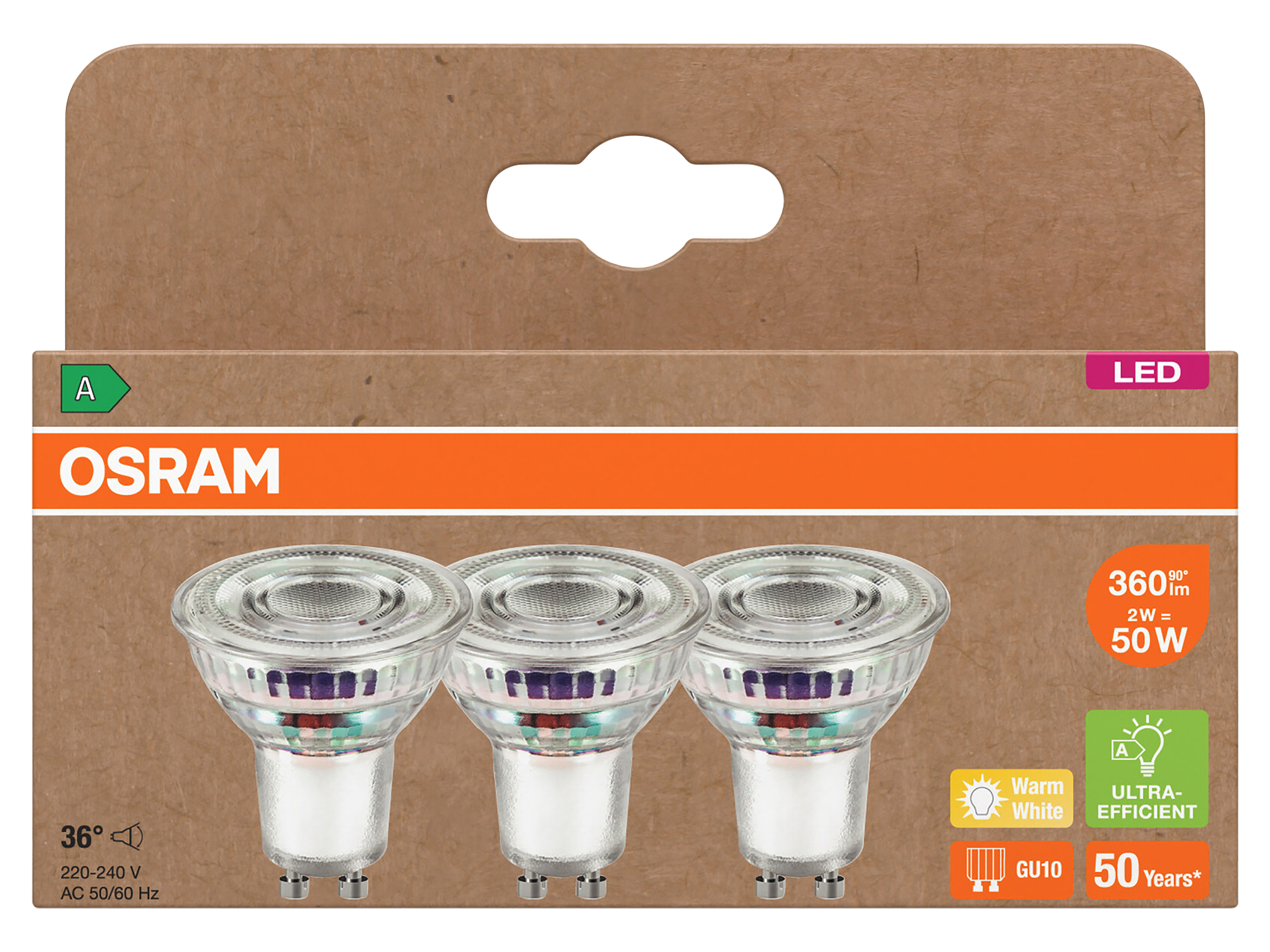OSRAM LED-Reflektorlampe, GU10, 2W, 2700K, EEK: A, 360lm, warmweiß, IP20, 3 Stück OSRAM LED-Reflektorlampe, GU10, 2W, 2700K, EEK: A, 360lm, warmweiß, IP20, 3 Stück