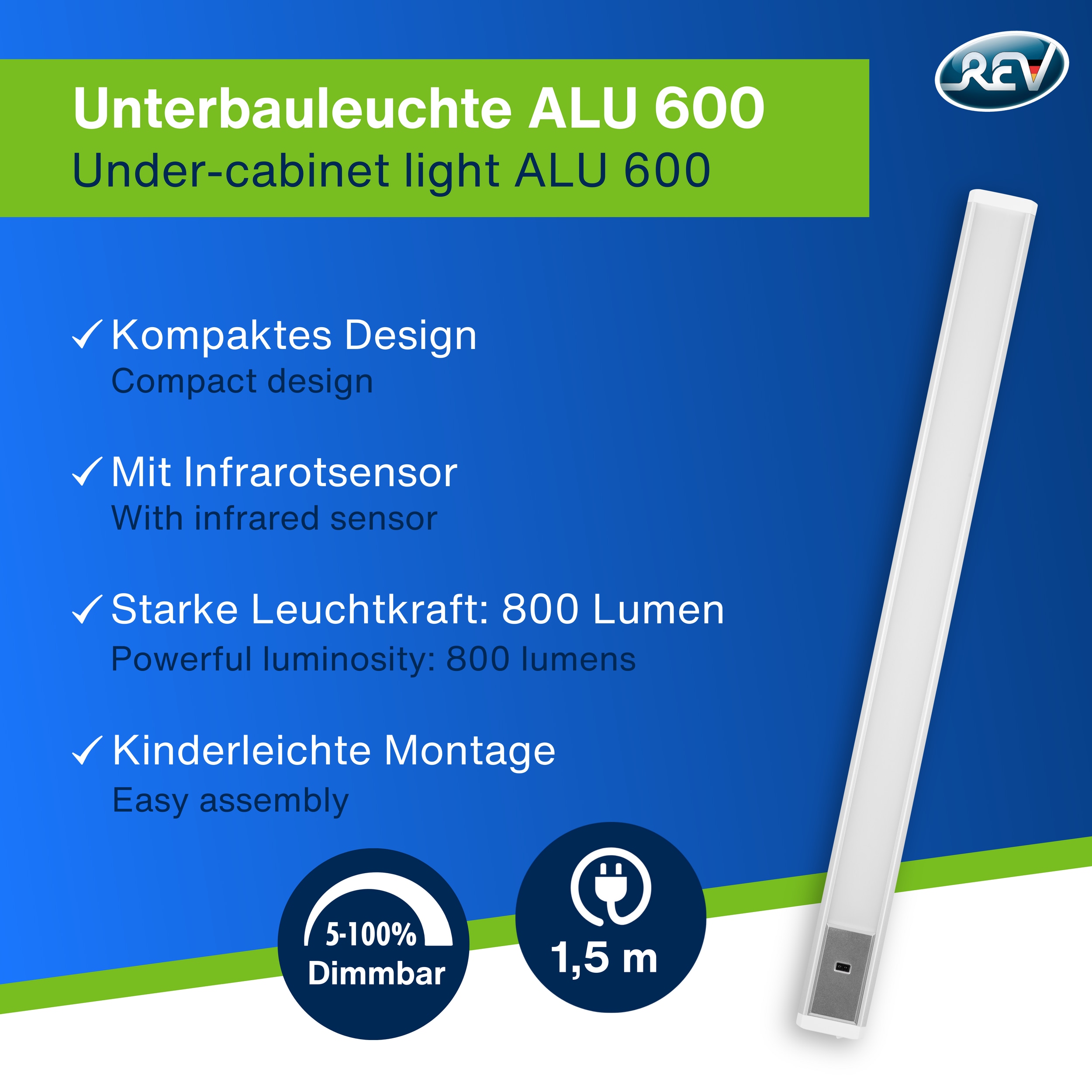 REV LED-Unterbauleuchte Alu, 10W, 3000K, 800lm, warmweiß, IP20, 60 cm REV LED-Unterbauleuchte Alu, 10W, 3000K, 800lm, warmweiß, IP20, 60 cm