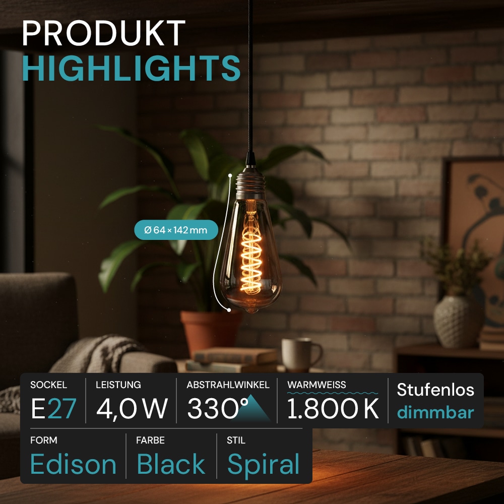 LUXULA LED-Filament-Lampe, SPIRAL, Pear, E27, 4W, 40lm, 1800K, dimmbar LUXULA LED-Filament-Lampe, SPIRAL, Pear, E27, 4W, 40lm, 1800K, dimmbar