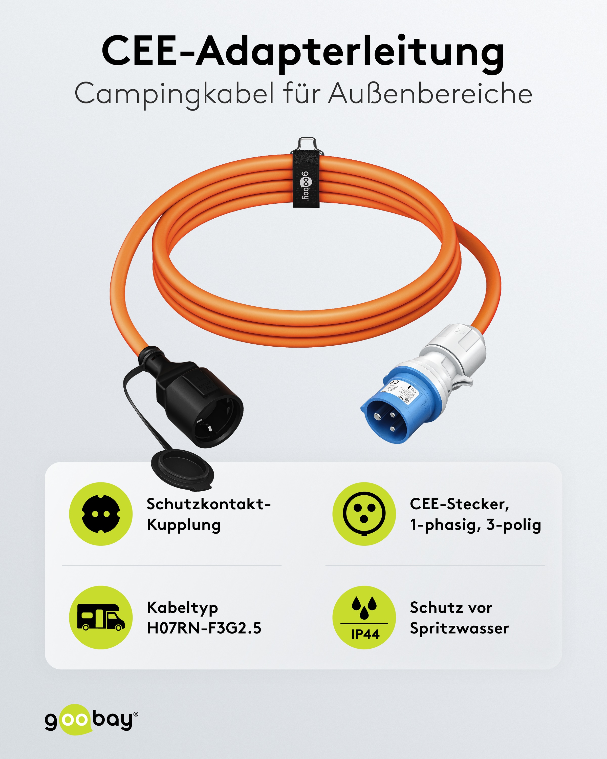 GOOBAY CEE-Adapterkabel 76223, 1,5 m, Stecker zu Schutzkontakt Kupplung GOOBAY CEE-Adapterkabel 76223, 1,5 m, Stecker zu Schutzkontakt Kupplung
