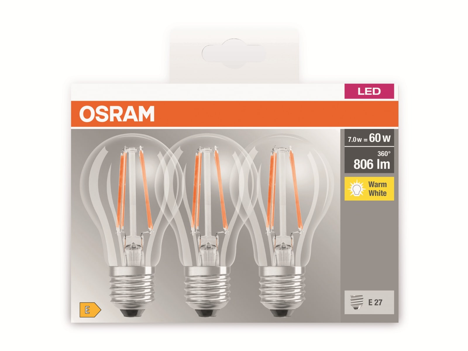 OSRAM LED-Lampe BASE CLASSIC A60, E27, EEK: E, 7 W, 806 lm, 2700 K, 3 Stück OSRAM LED-Lampe BASE CLASSIC A60, E27, EEK: E, 7 W, 806 lm, 2700 K, 3 Stück