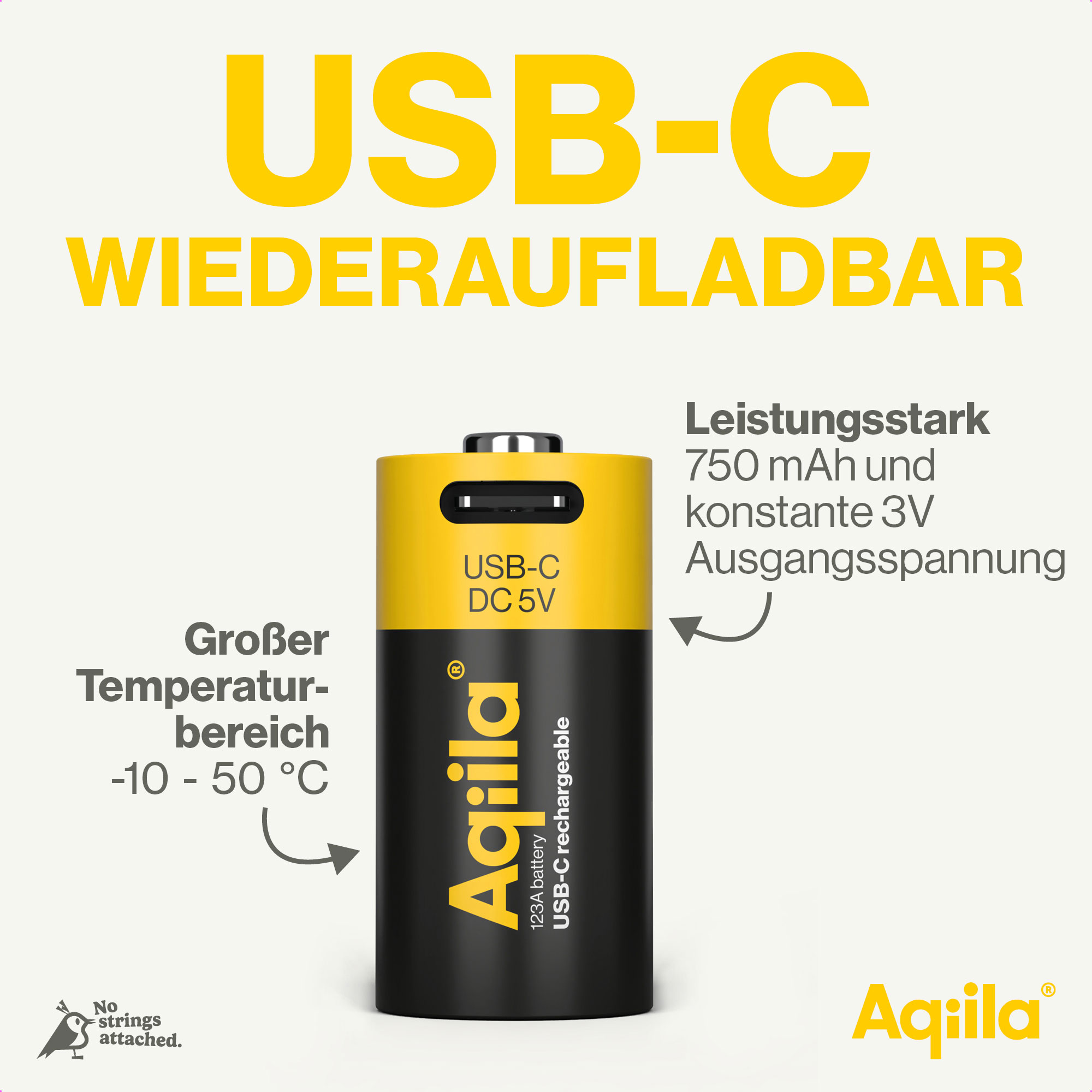 AQIILA Li-lon-Akku, CR123A, USB-C, 3 V, 2er Pack Li-lon-Akku AQILLA, CR123A, USB-C, 3 V, 2er Pack