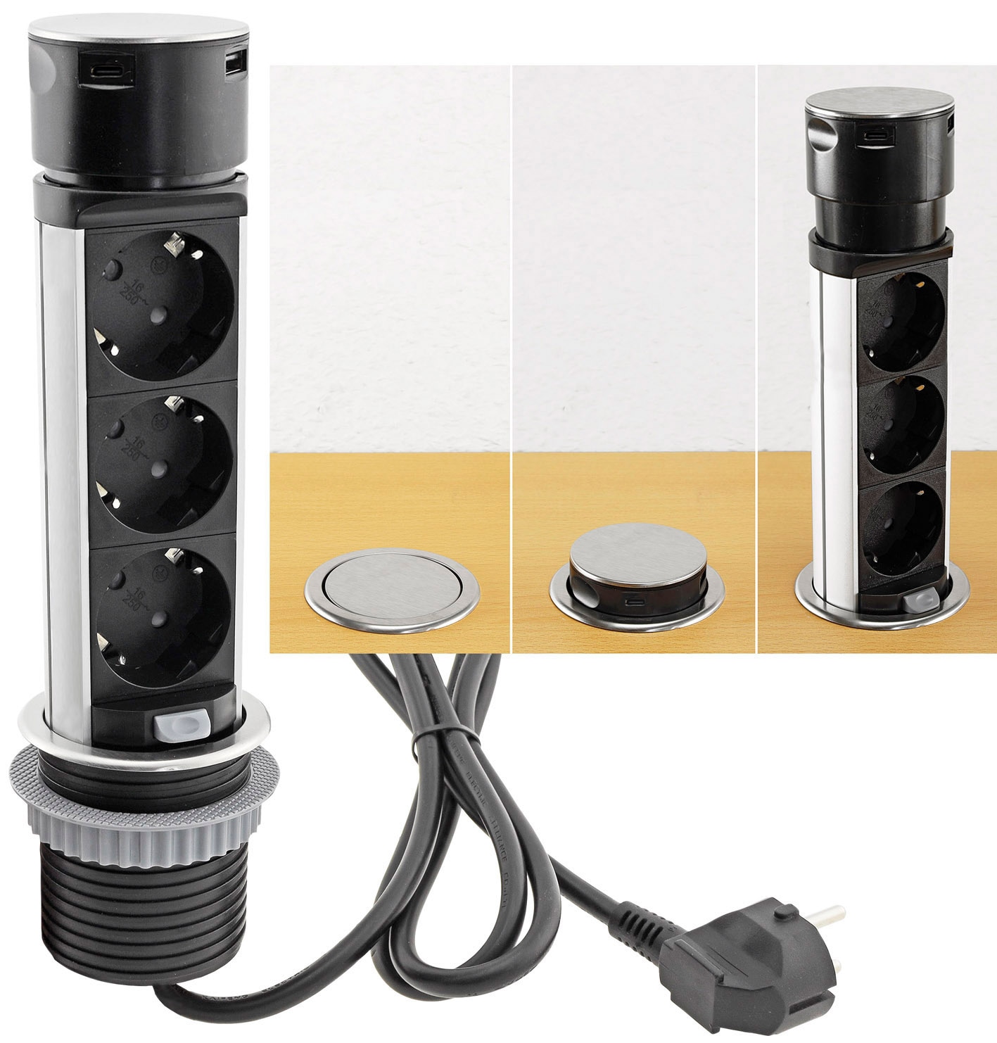 CHILITEC Schreibtisch-Einbausteckdose, 3-fach, UBS-A+C CHILITEC Schreibtisch-Einbausteckdose, 3-fach, UBS-A+C
