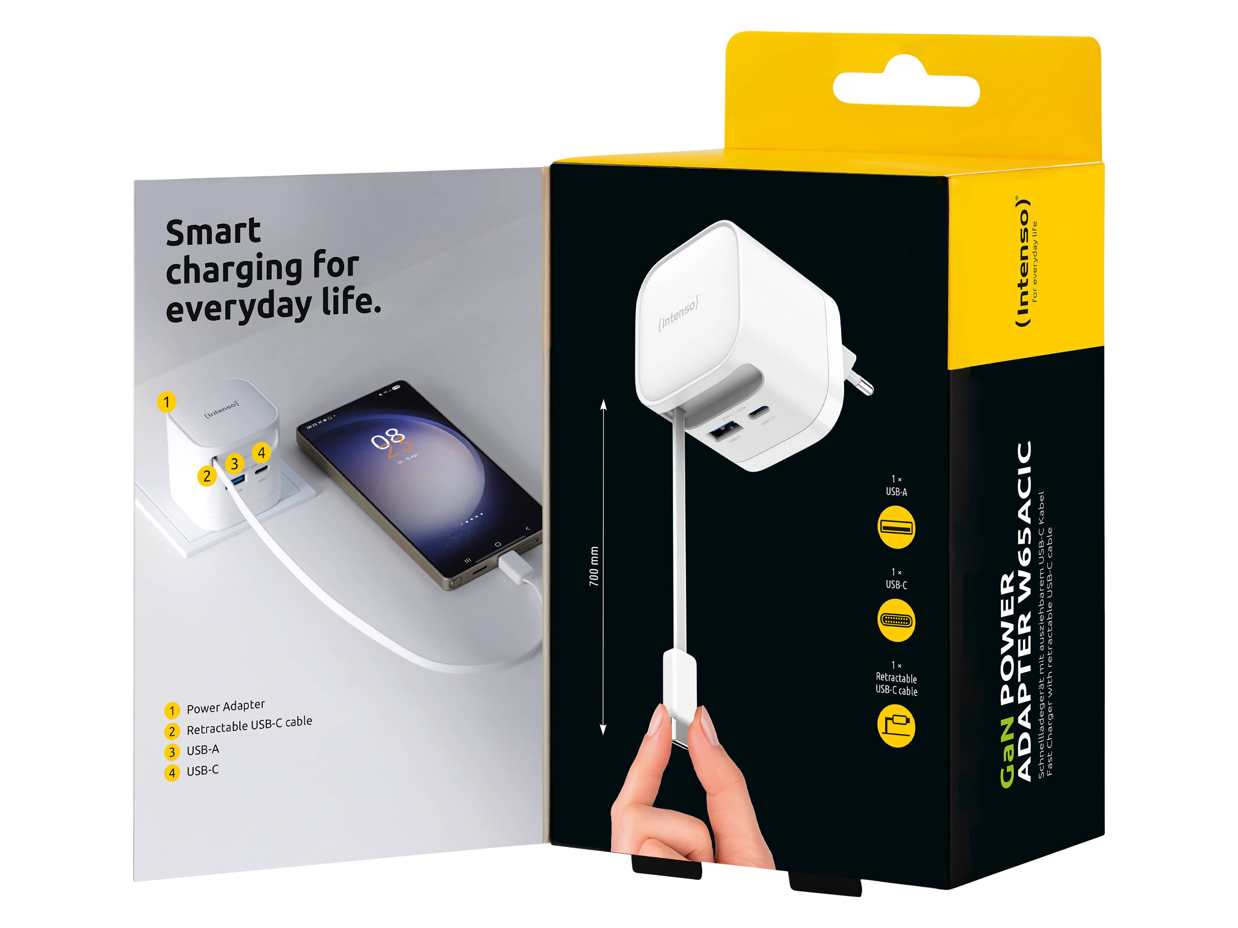 INTENSO Schnellladegerät, 65 W, ausziehbares USB-C Kabel, EU-Stecker, weiß INTENSO Schnellladegerät 7806520, 65 W, weiß