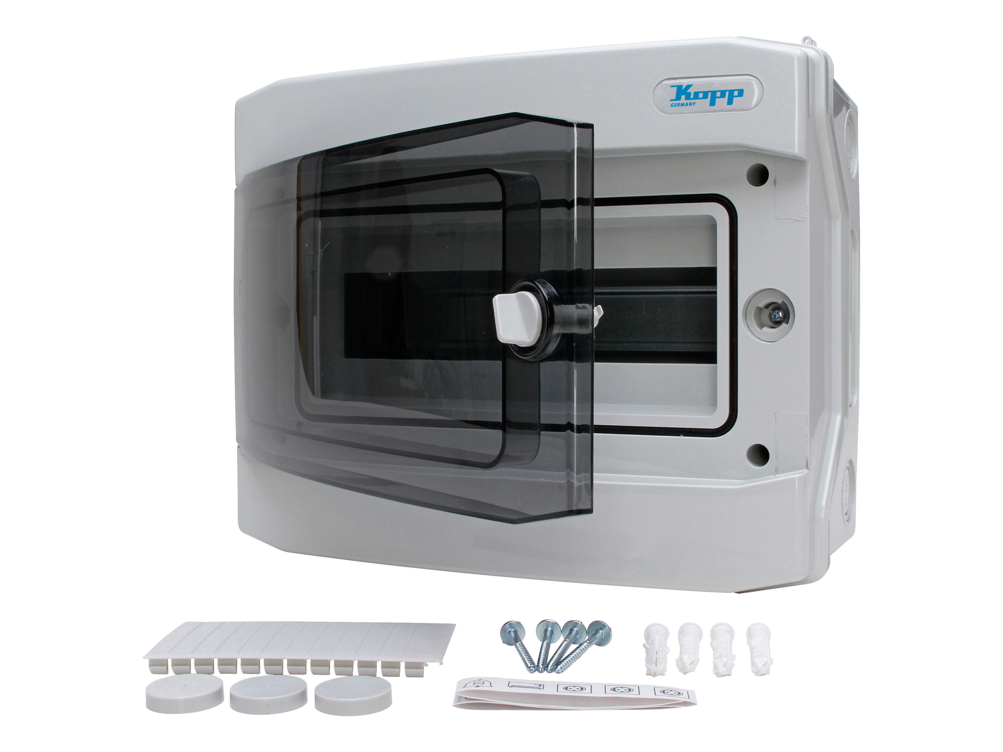 KOPP Aufputz-Feuchtraum-Verteilerkasten N12C, IP65, mit Tür, 1-reihig, 12 Pole KOPP Aufputz-Feuchtraum-Verteilerkasten N12C, IP65, mit Tür, 1-reihig, 12 Pole