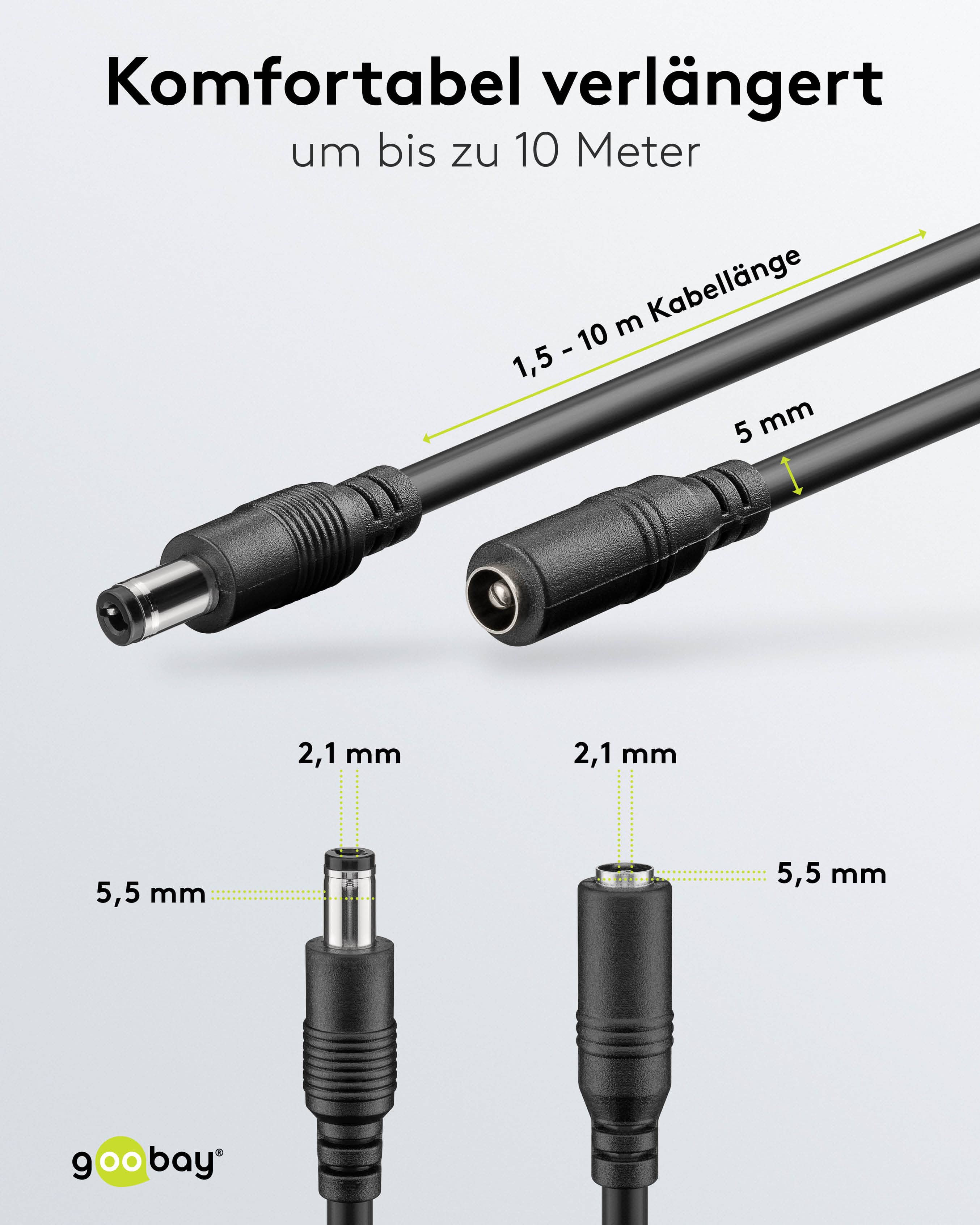 GOOBAY DC-Adapterkabel 2,1 mm, DC-Stecker auf DC-Kupplung, schwarz, 5 m GOOBAY DC-Adapterkabel 2,1 mm, DC-Stecker auf DC-Kupplung, schwarz, 5 m