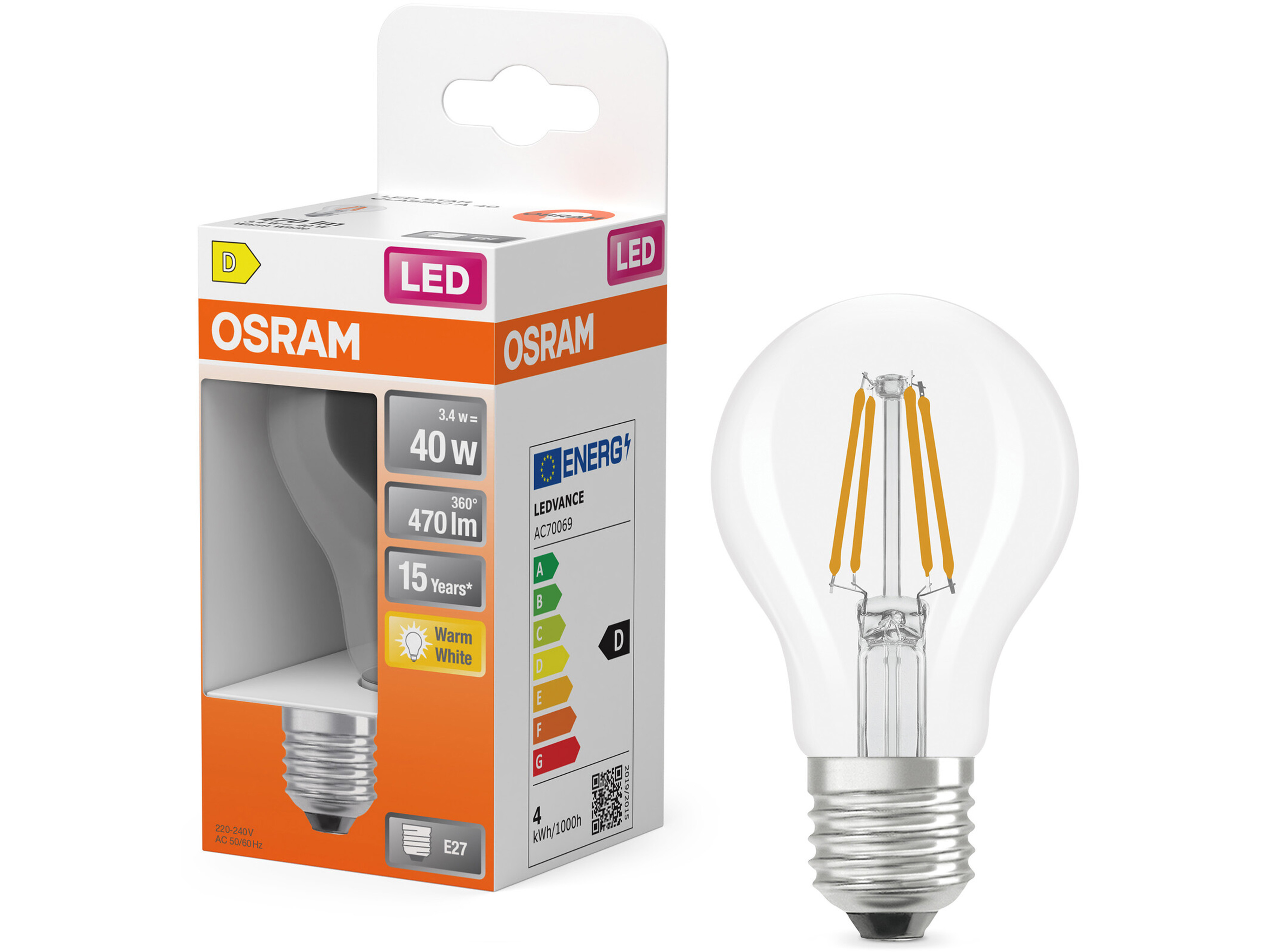OSRAM LED-Lampe Retrofit, 3,4 W, E27, 2700K, EEK: D, 470 lm, IP20, warmweiß OSRAM LED-Lampe Retrofit, 3,4 W, E27, 2700 K, EEK: D, 470 lm, IP20, warmweiß