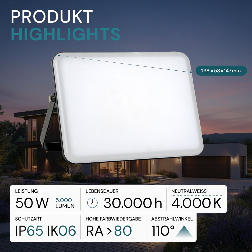 LUXULA LED-Fluter mit Schnellverbinder, EEK: F, 50W, 5000lm, 4000K, schwarz