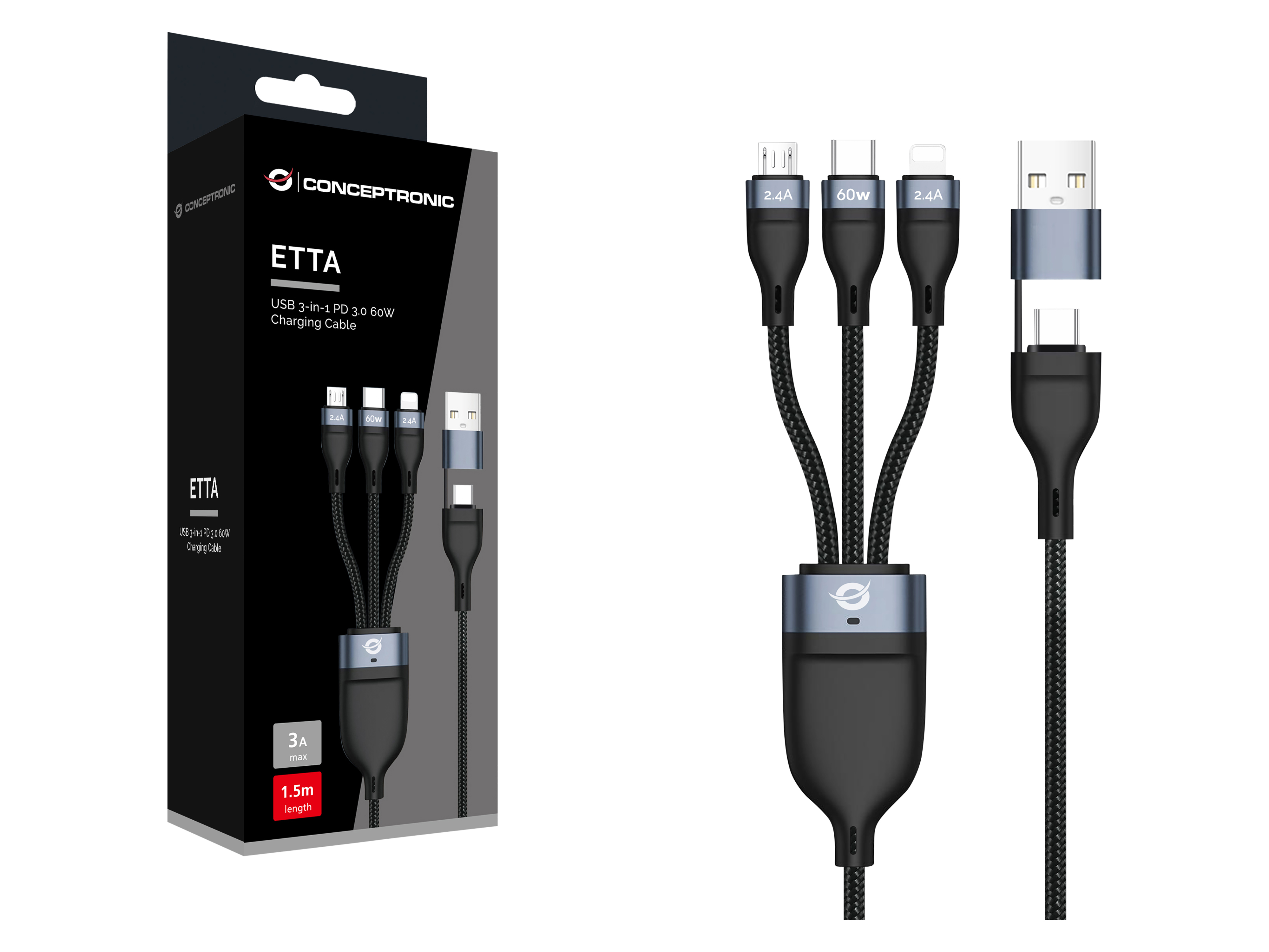 CONCEPTRONIC USB-C Kabel ETTA05B15 60W 1,5m schwarz 3-in-1 CONCEPTRONIC USB-C Kabel ETTA05B15 60W 1,5m schwarz 3-in-1