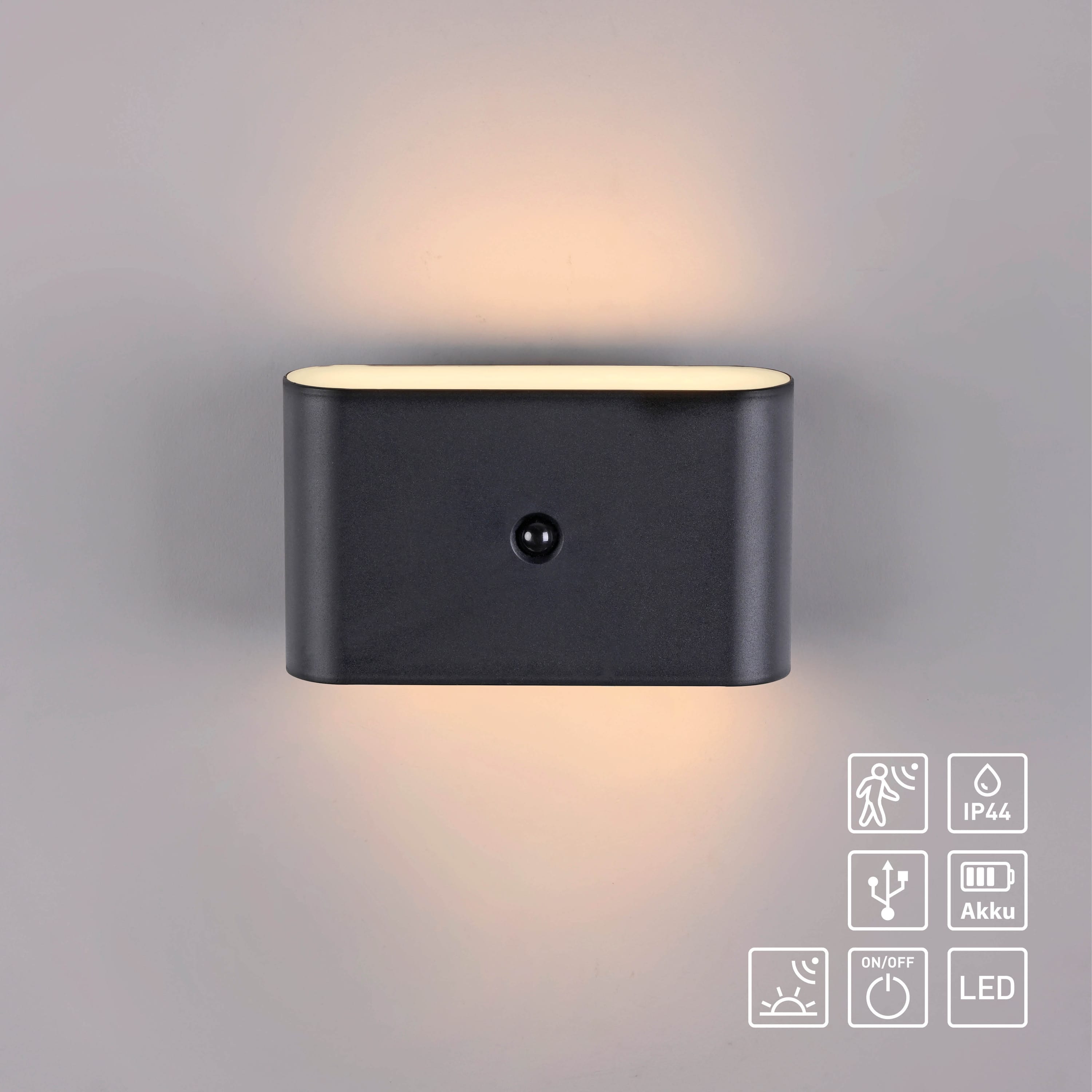 JUST LIGHT LED-Akku-Wandleuchte 19475-18, 3W, 3000K, 330lm, warmweiß, IP44, schwarz JUST LIGHT LED-Akku-Wandleuchte 19475-18, 3W, 3000K, 330lm, warmweiß, IP44, schwarz