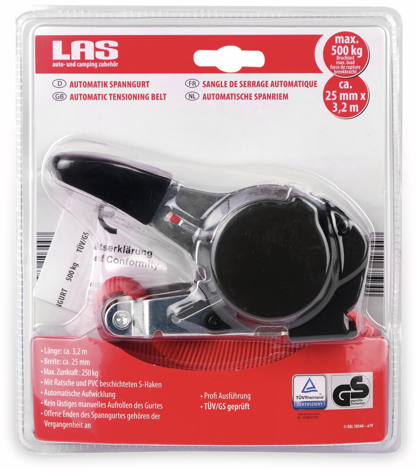 LAS Spanngurt 10344, mit Aufrollautomatik, 250 daN, 3 m LAS Spanngurt 10344, mit Aufrollautomatik, 250 daN, 3 m