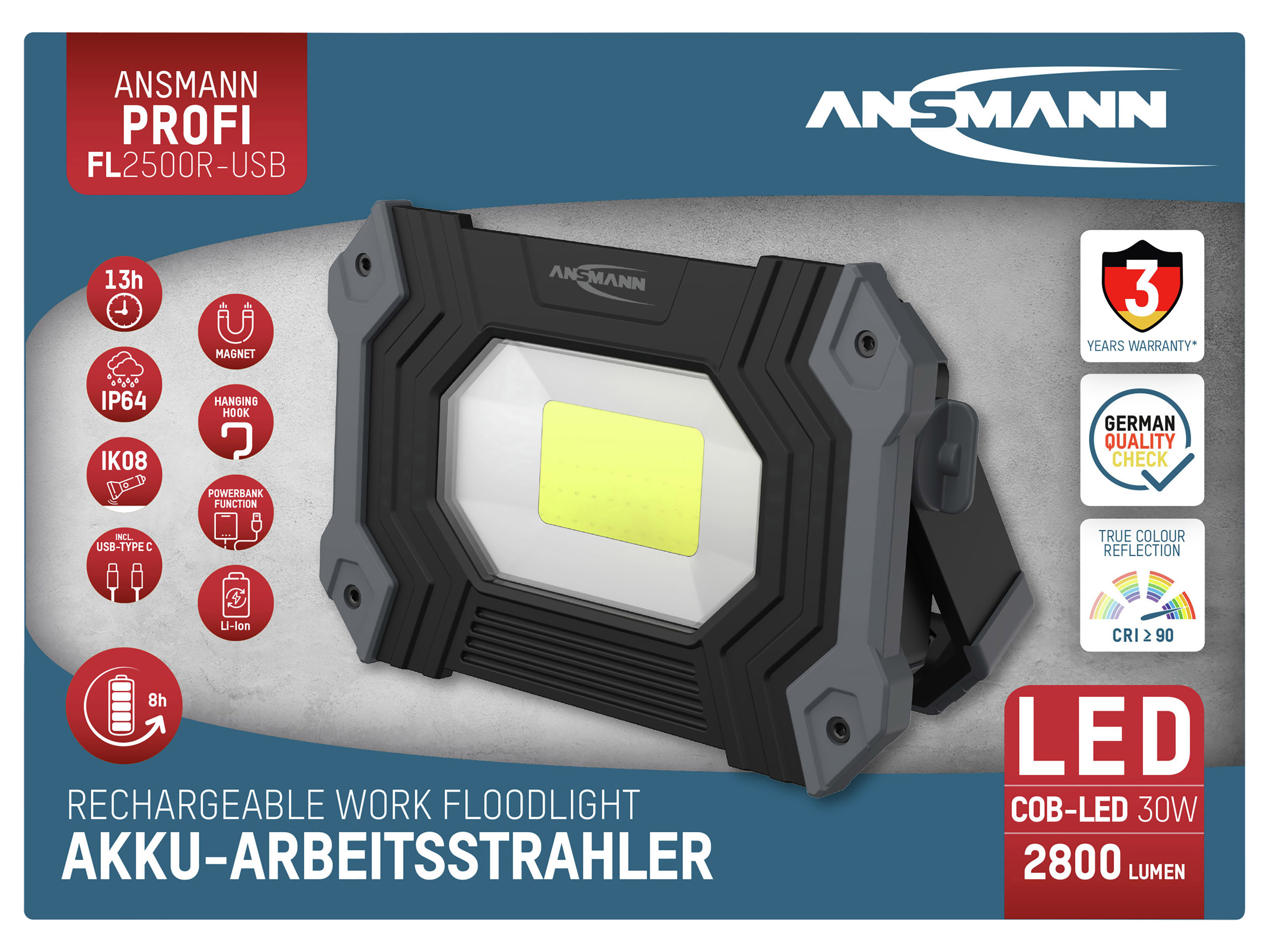 ANSMANN LED-Arbeitsleuchte FL2500R, 30 W, 2400 lm, Akkubetrieb ANSMANN LED-Arbeitsleuchte FL2500R, 30 W, 2400 lm, Akkubetrieb
