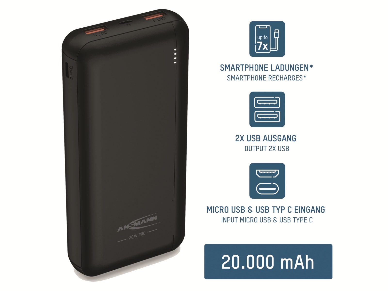 ANSMANN USB Powerbank PB320PD, 20000 mAh, 20 Wh, 2x USB-A Port, QC 3.0 ANSMANN USB Powerbank PB320PD, 20000 mAh, 20 Wh, 2x USB-A Port, QC 3.0